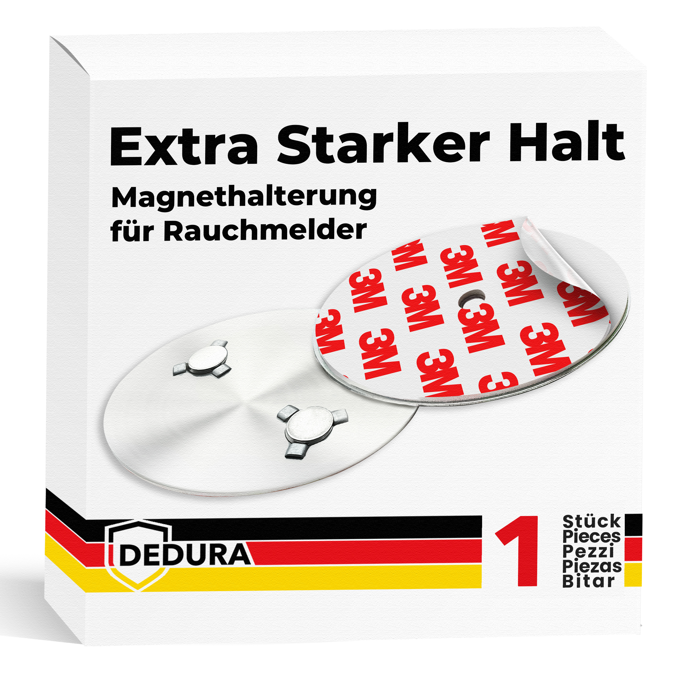 Verpackung für Magnet-Rauchmelderhalterung mit 3M-Klebeband und DEDURA-Logo.