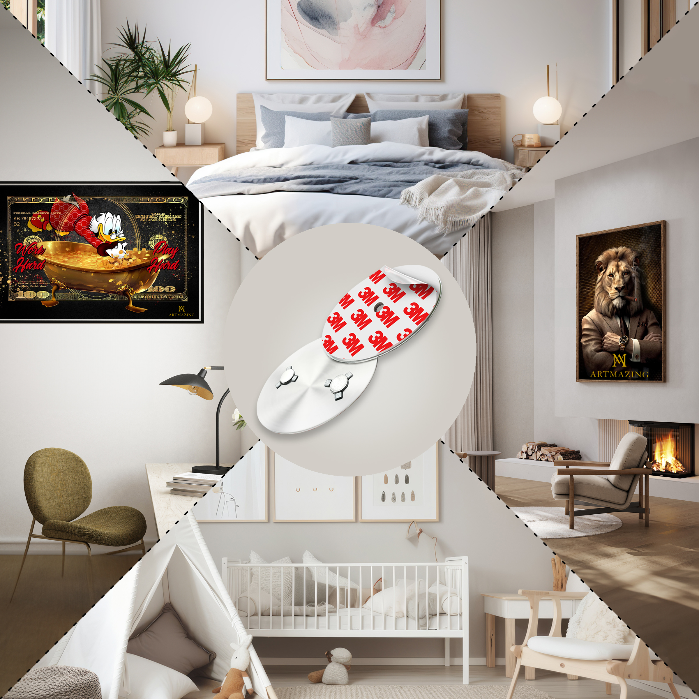 Collage von Wohnaccessoires: Schlafzimmer, Kinderzimmer, Wohnzimmer, Schreibtisch, Klebestreifen.