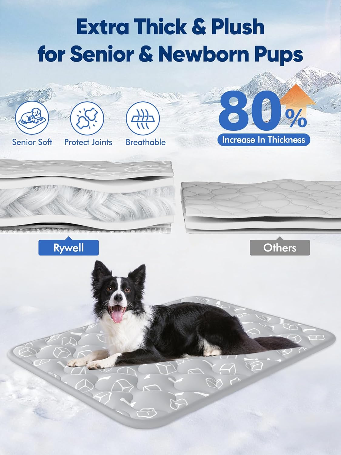 Ein Hund liegt auf einer dicken, gepolsterten Matte mit Bergmotiv.