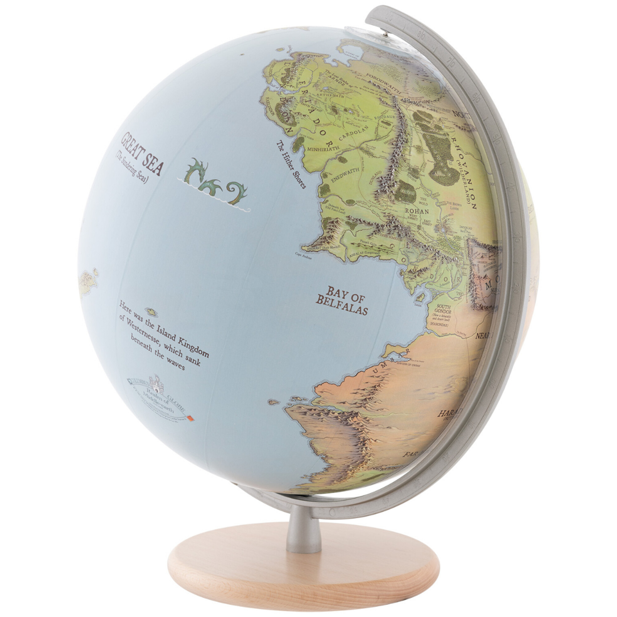 Ein Globus mit einer Karte von Mittelerde, mit Rohan, Gondor und dem Großen Meer.