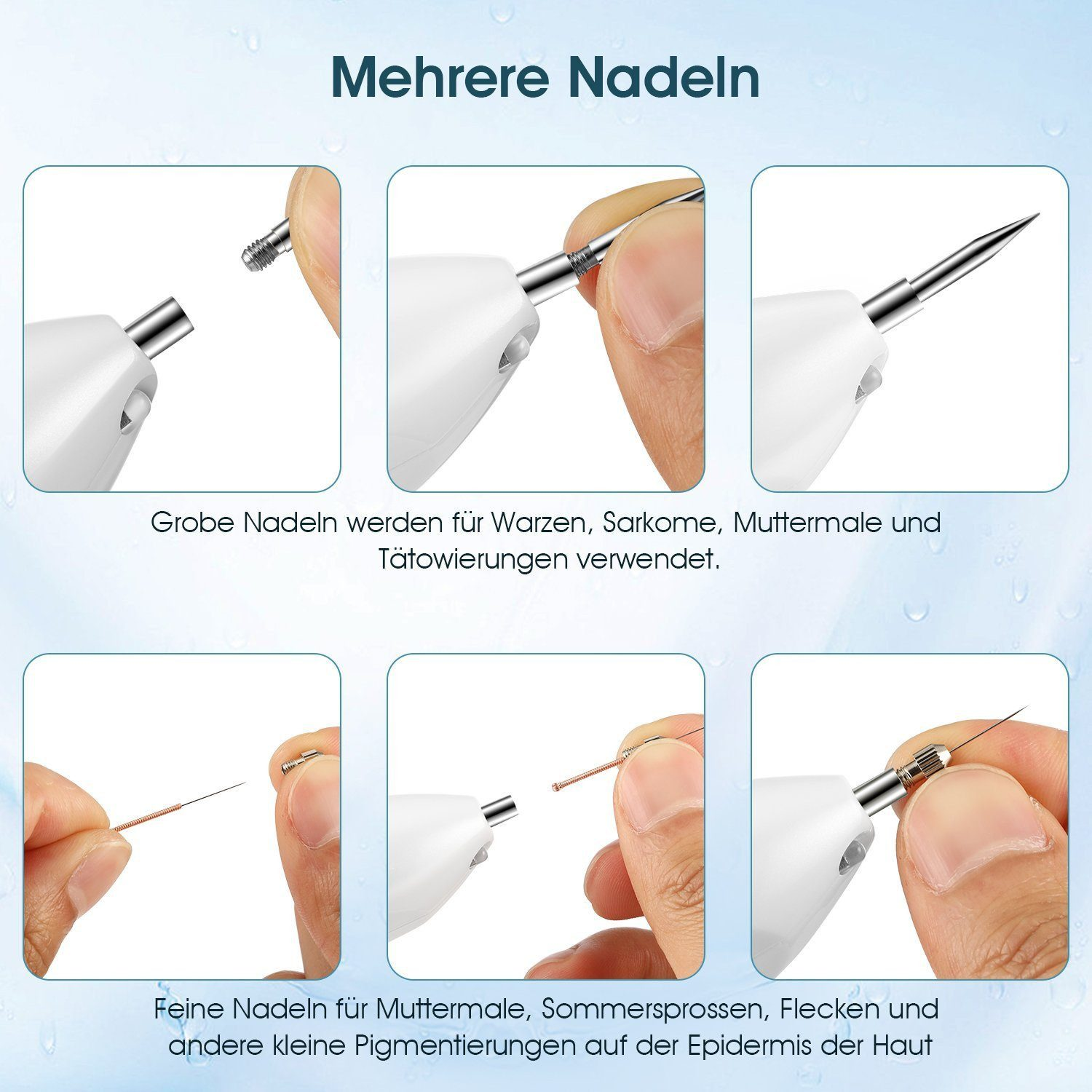 Sechs Nahaufnahmen zeigen grobe und feine Nadeln für Hautbehandlungen.