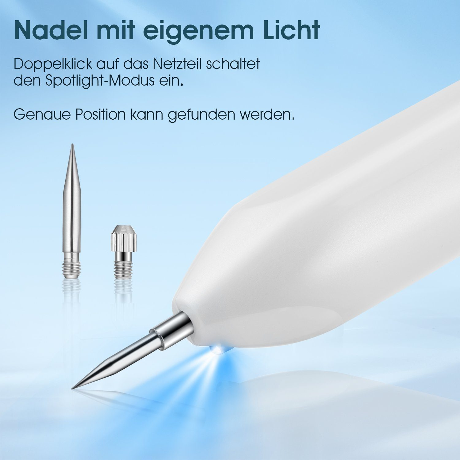 Nadel mit Spotlight-Modus und zwei Ersatznadeln auf blauem Hintergrund.