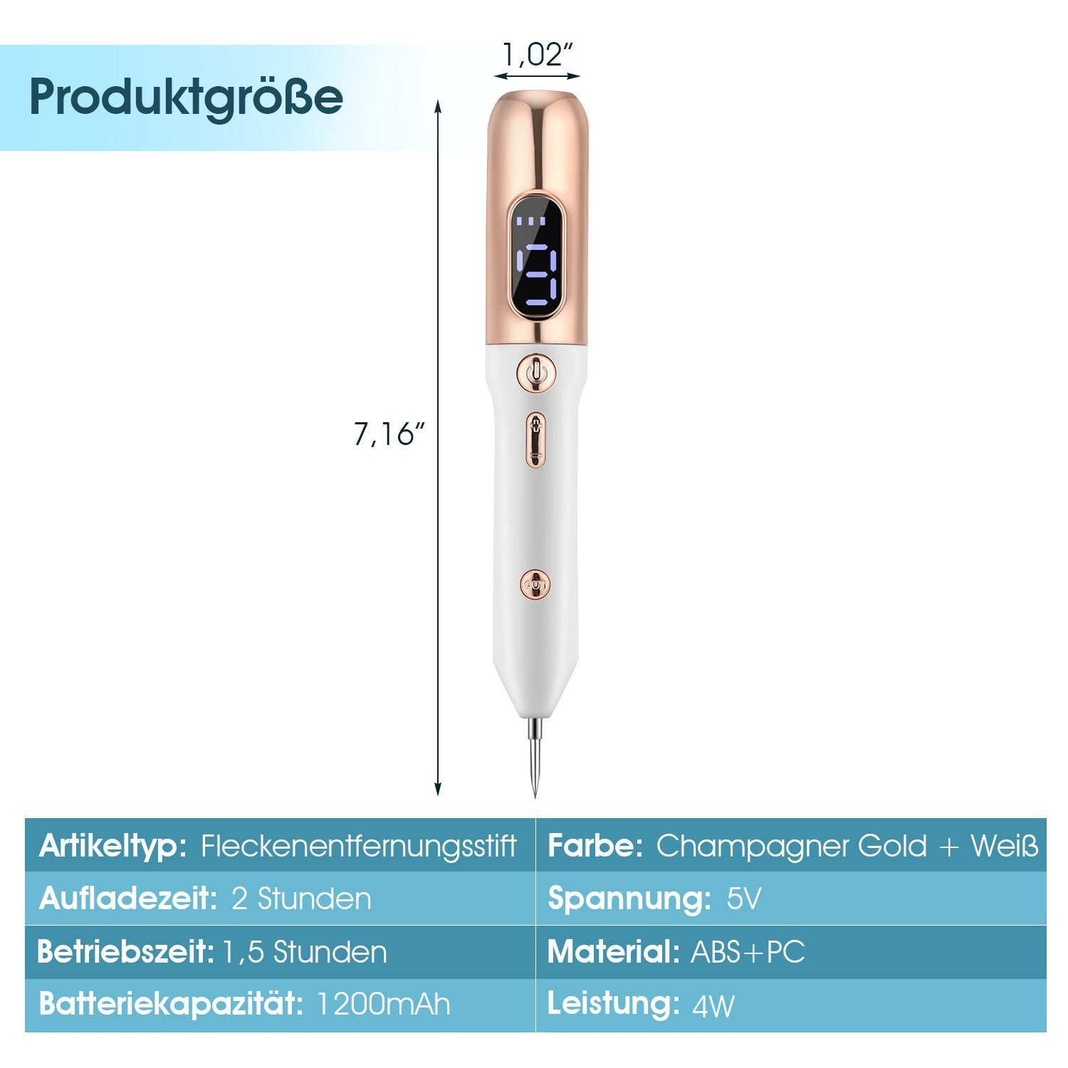 Ein Champagner-Gold- und weißer Fleckenentfernerstift mit digitalen Anzeigen.