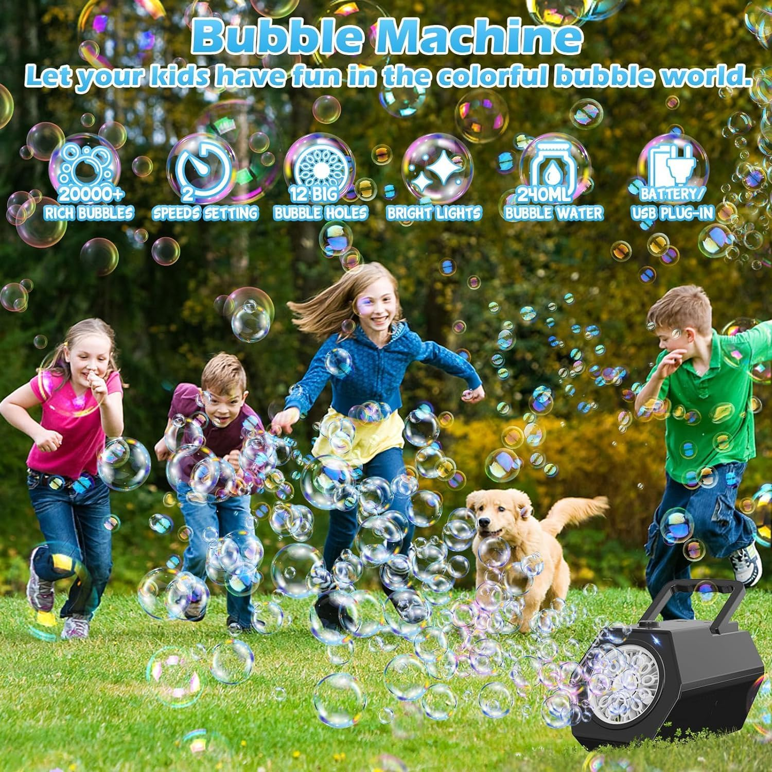 Kinder und ein Hund spielen draußen auf Gras mit einer Seifenblasenmaschine, umgeben von vielen Blasen.