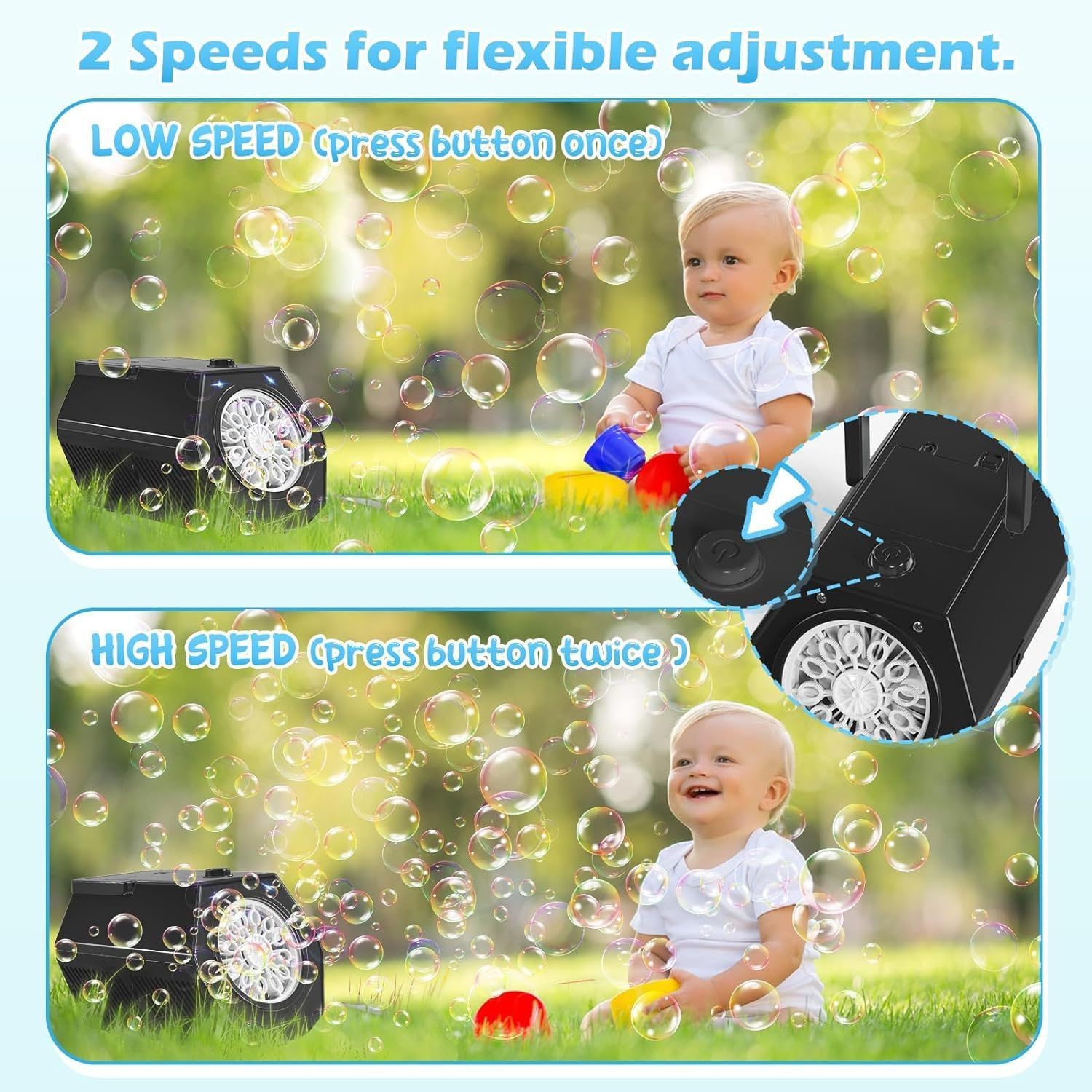 Zwei Babys spielen mit einer Seifenblasenmaschine im Gras bei Tag.