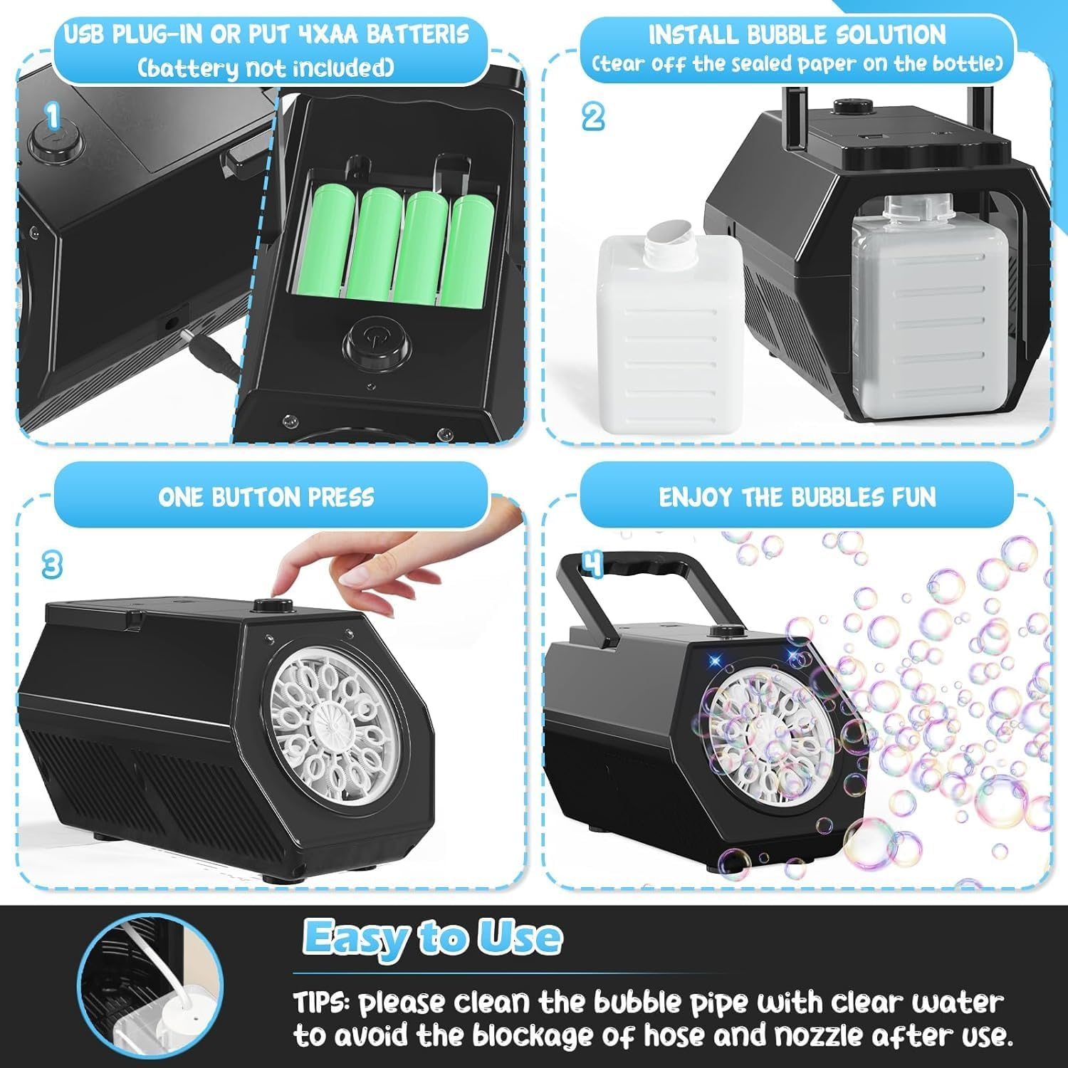Anleitung für eine Seifenblasenmaschine: Batterien, Lösung, Bedienung und Spaß.