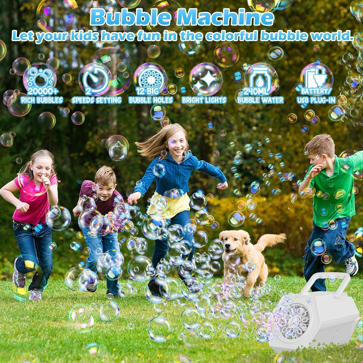 Kinder und ein Hund spielen mit Seifenblasen im Freien, eine Seifenblasenmaschine ist zu sehen.
