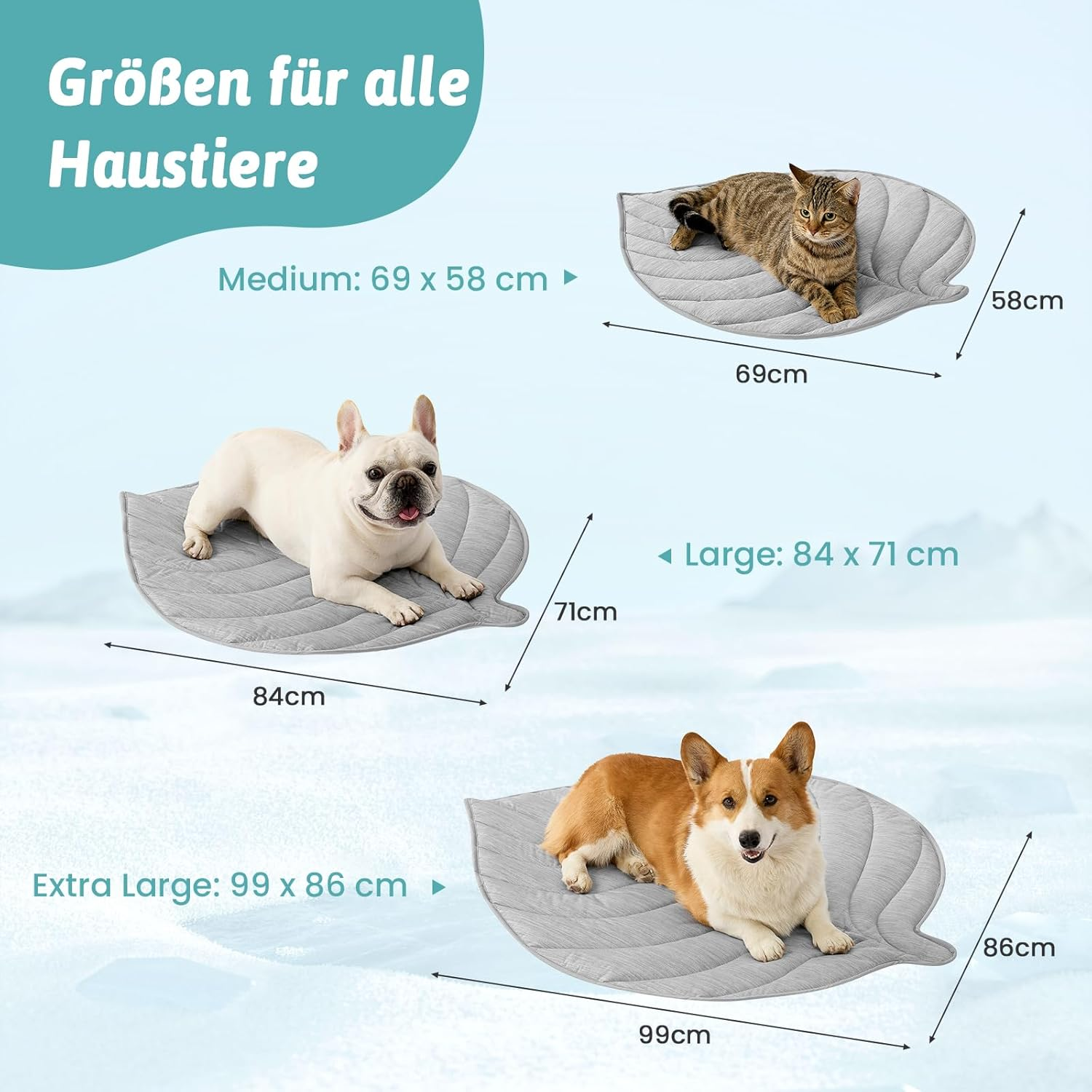 Größenübersicht für Haustierbetten: Medium (69x58cm), Large (84x71cm), XL (99x86cm).