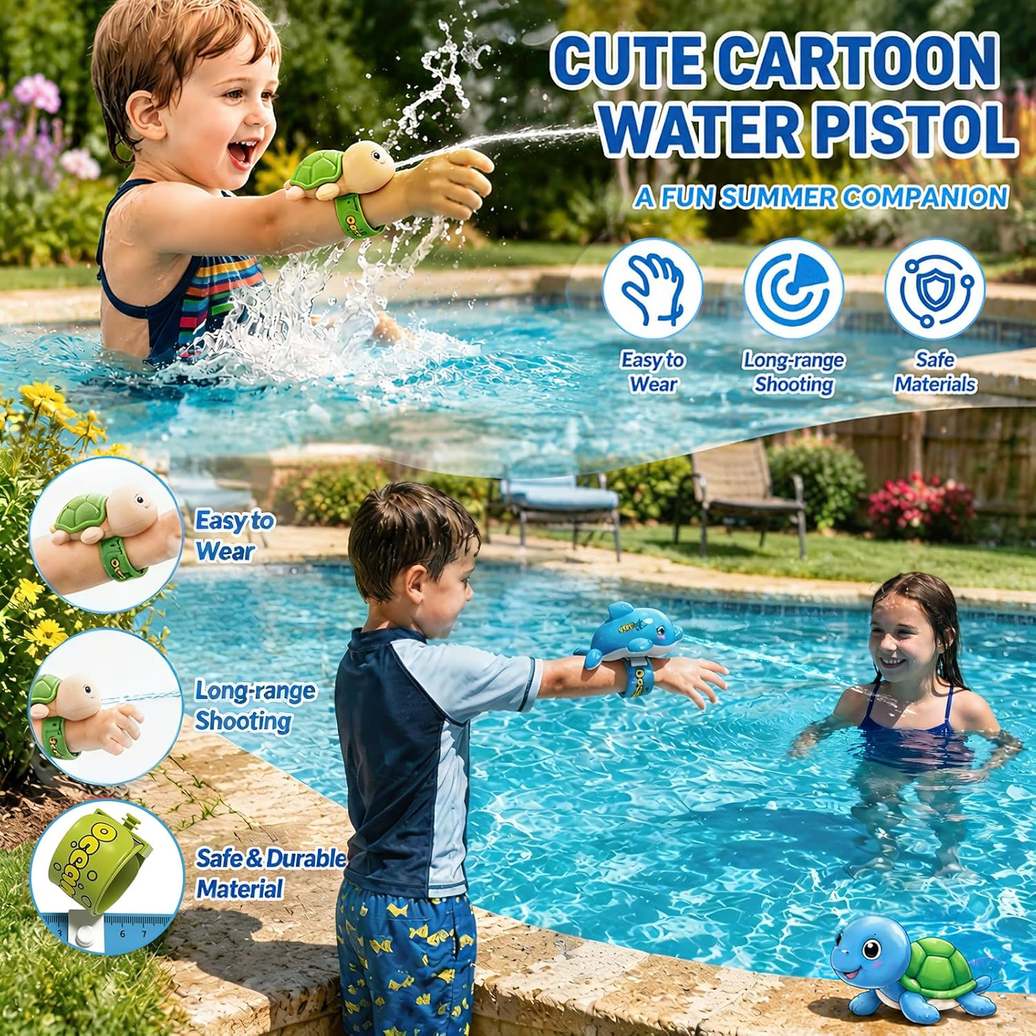 Kinder spielen mit Wasserpistolen am Pool, eine Schildkröte und ein Delfin.