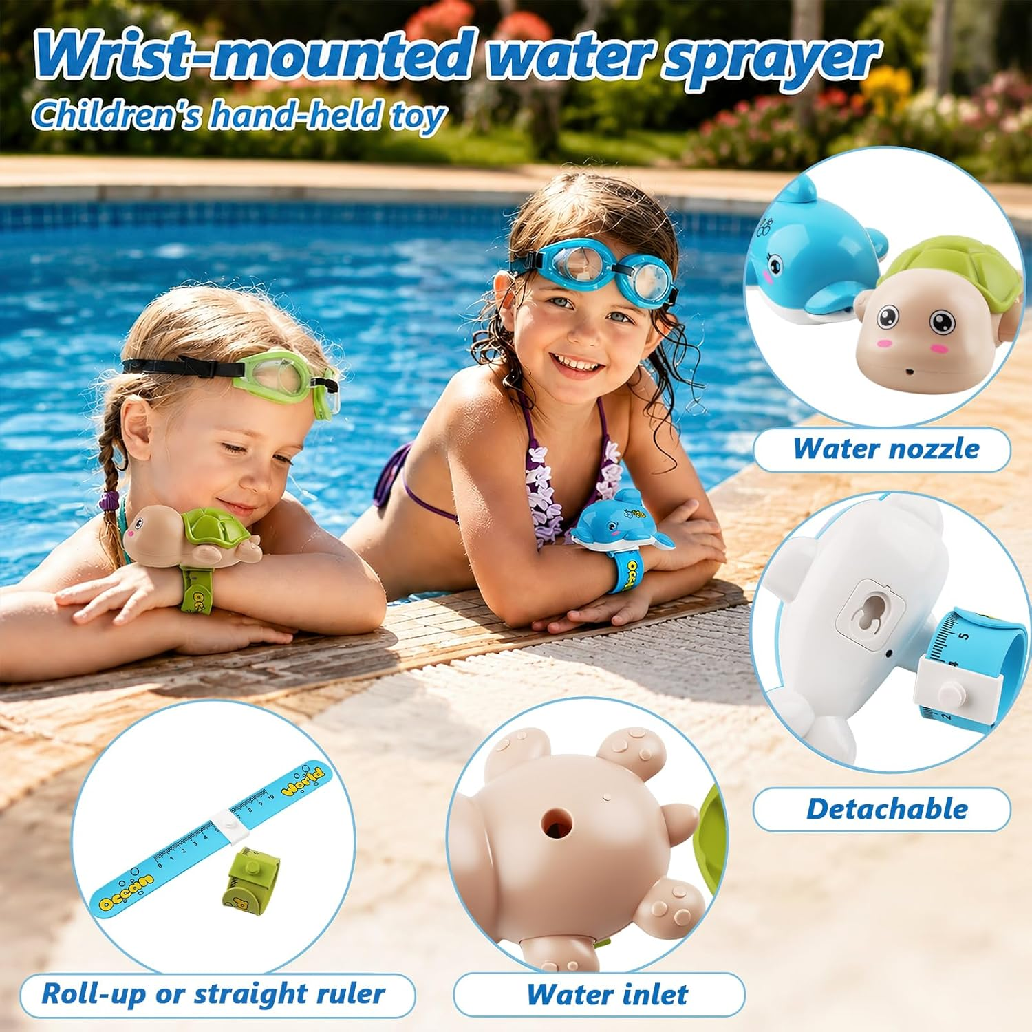 Zwei Kinder am Pool mit Arm-Wasserpistolen: eine Schildkröte und ein Delfin.
