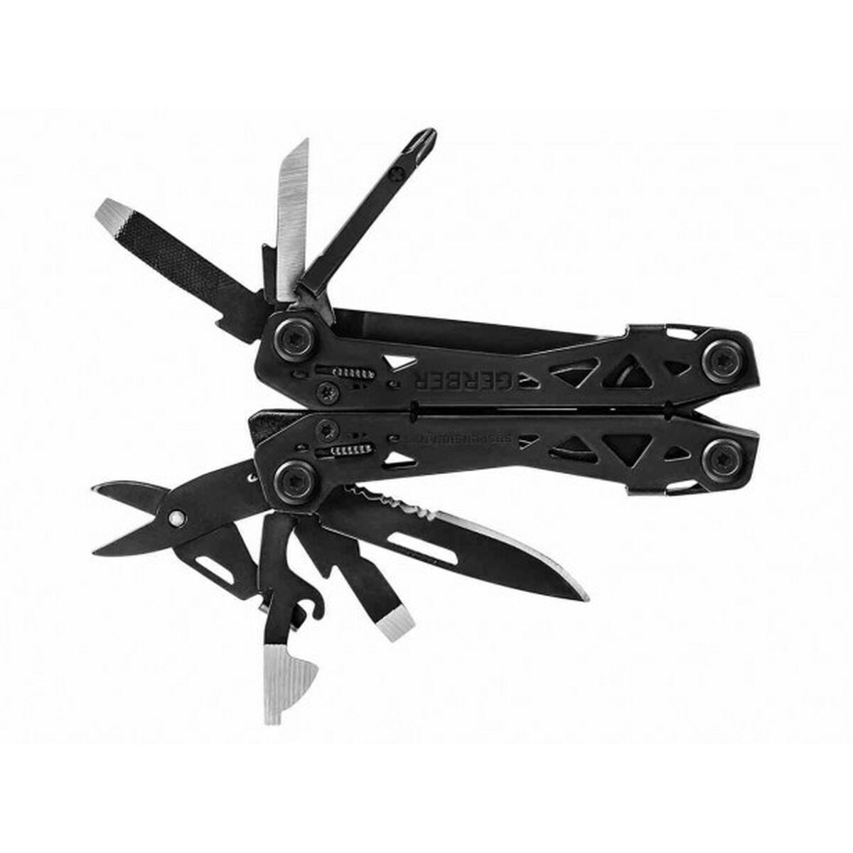 Schwarzes Multitool mit geöffneten Werkzeugen wie Messer, Zange und Schraubendreher.