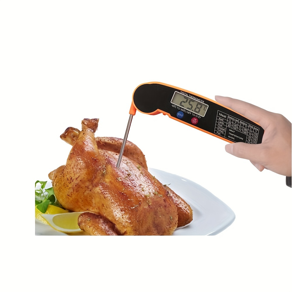 Ein digitaler Thermometer misst die Temperatur eines Bratchens.