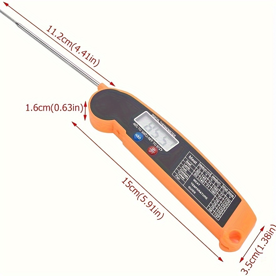 Ein digitaler Fleischthermometer in Orange mit einer LCD-Anzeige und einem Metallfühler.