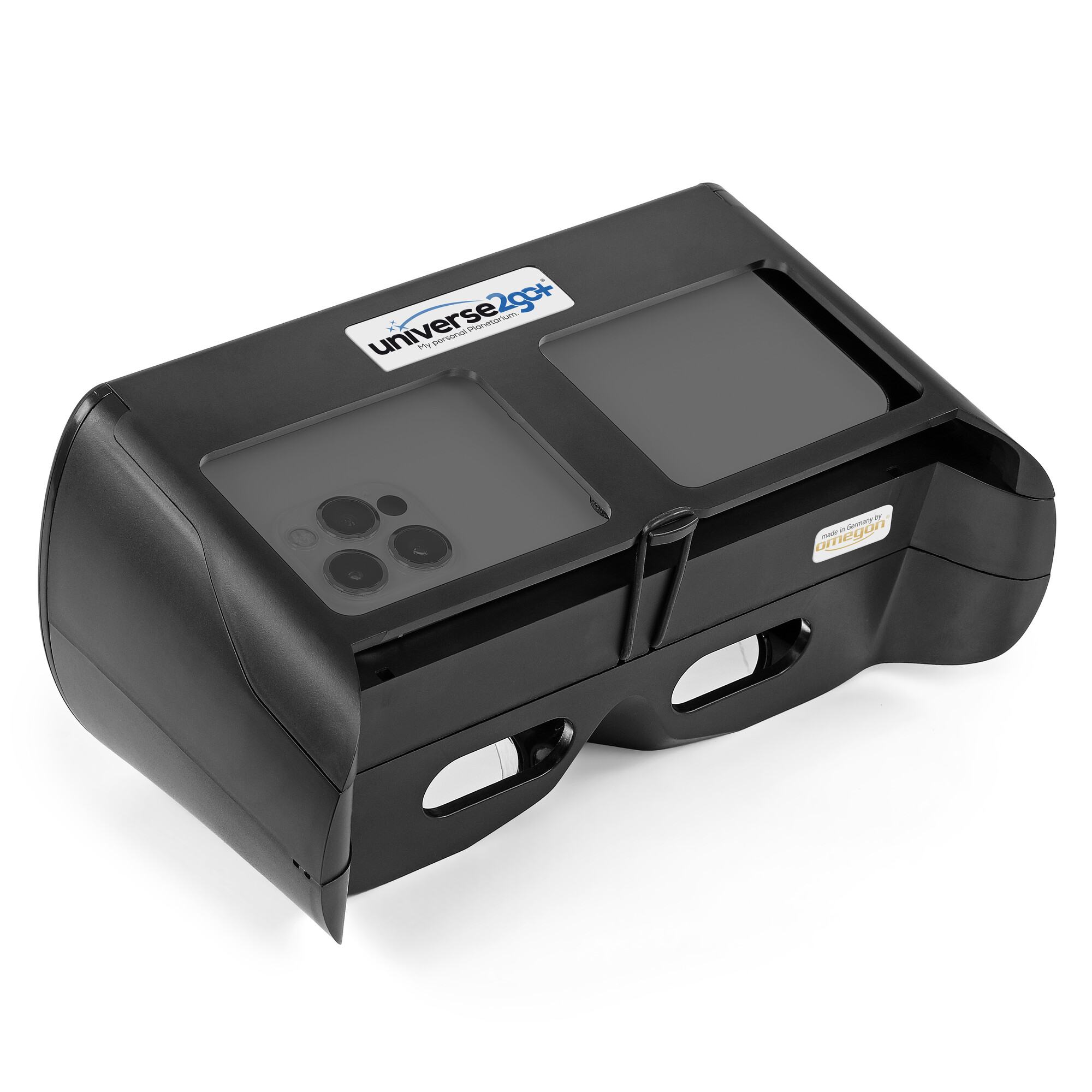 Schwarzes VR-Headset mit Smartphone-Halterung und Logo.