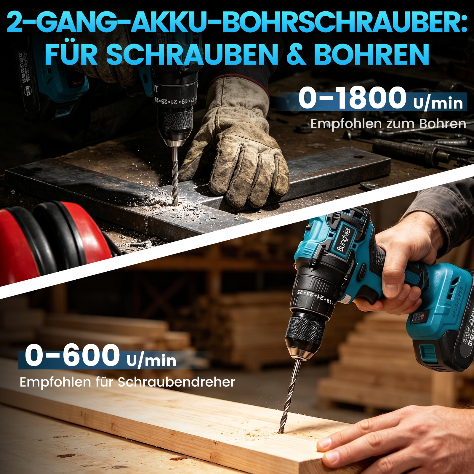 Zwei Akkuschrauber-Modi: Bohren bei 0-1800 U/min, Schrauben bei 0-600 U/min.
