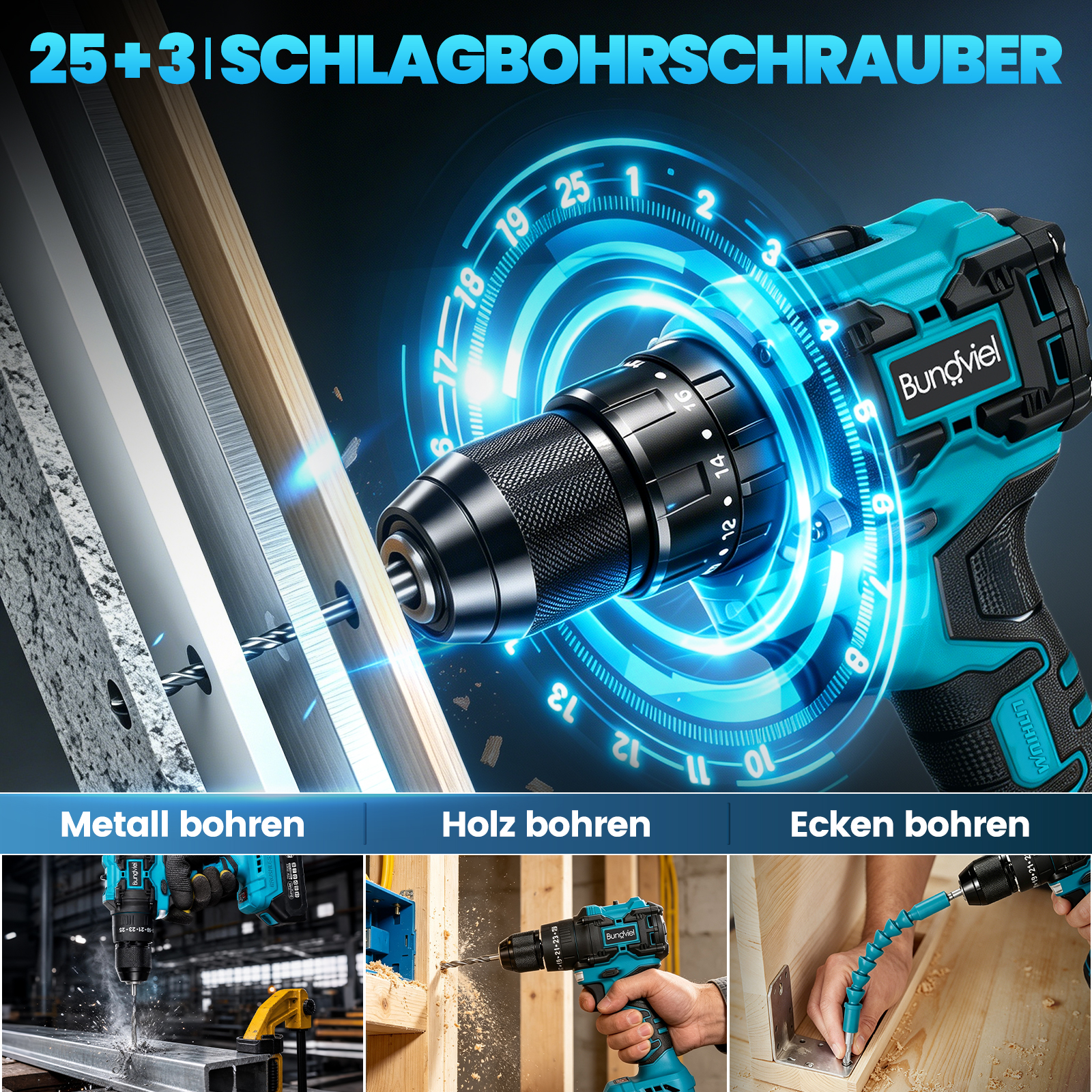 Ein blauer und schwarzer Schlagbohrschrauber bohrt durch verschiedene Materialien.