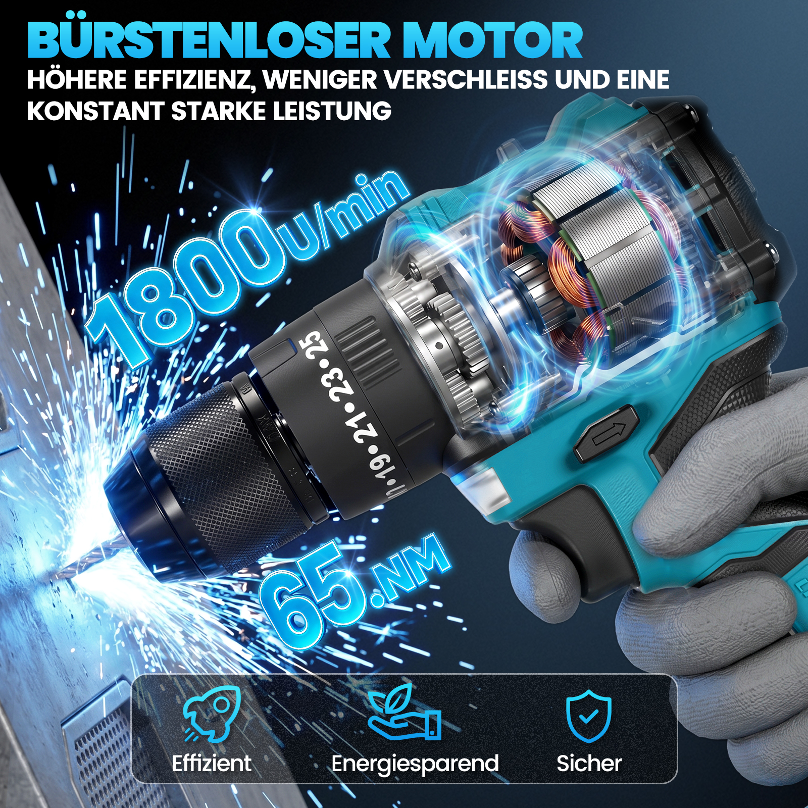 Ein Akkuschrauber mit sichtbarem Motor, 1800 U/min und 65 Nm. Funken fliegen.