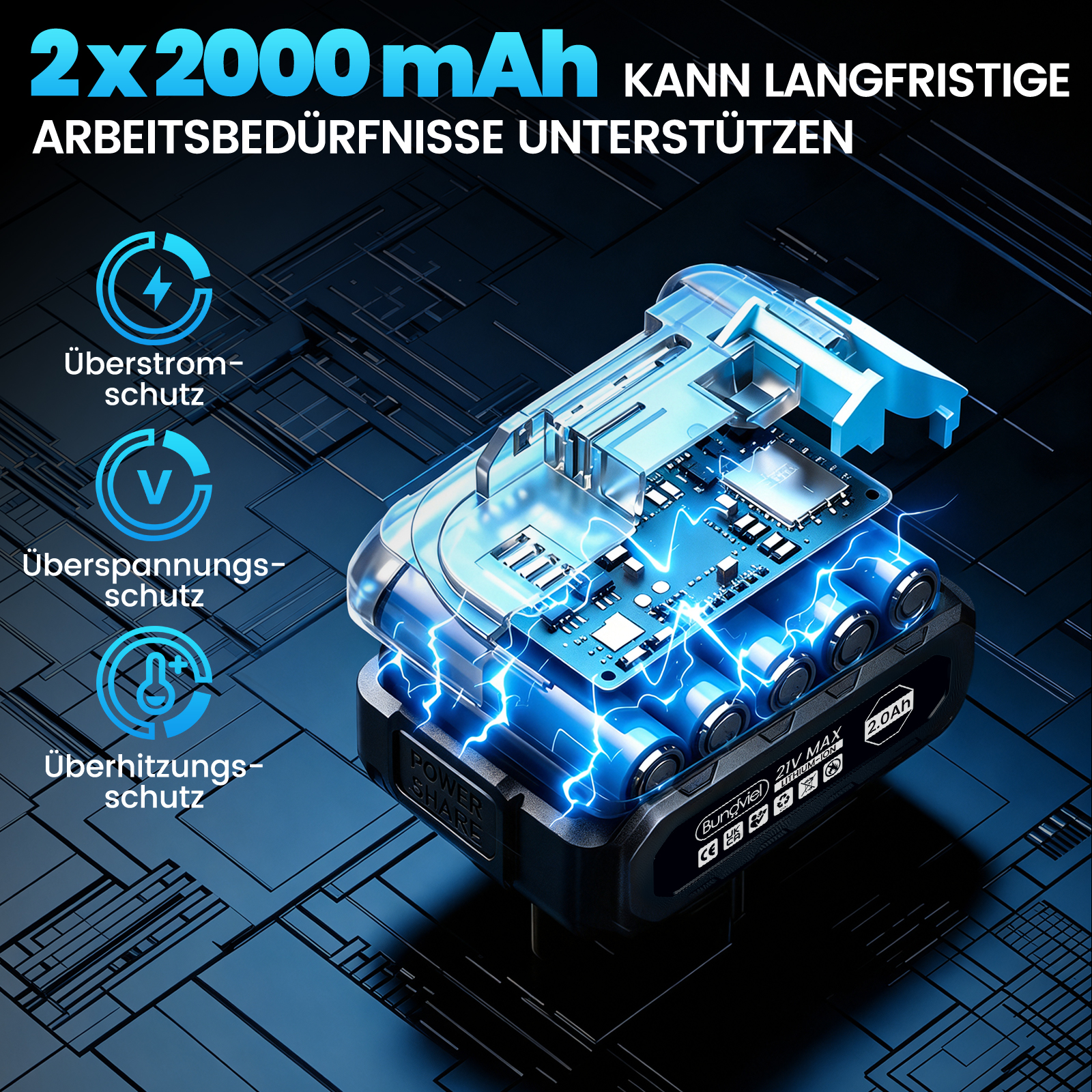2x 2000mAh Akku mit Schutzfunktionen, auf blauem Hintergrund.
