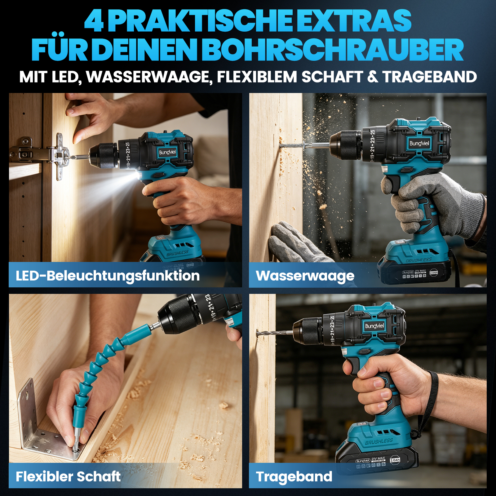 Vier praktische Extras für Bohrschrauber: LED, Wasserwaage, flexibler Schaft, Trageband.