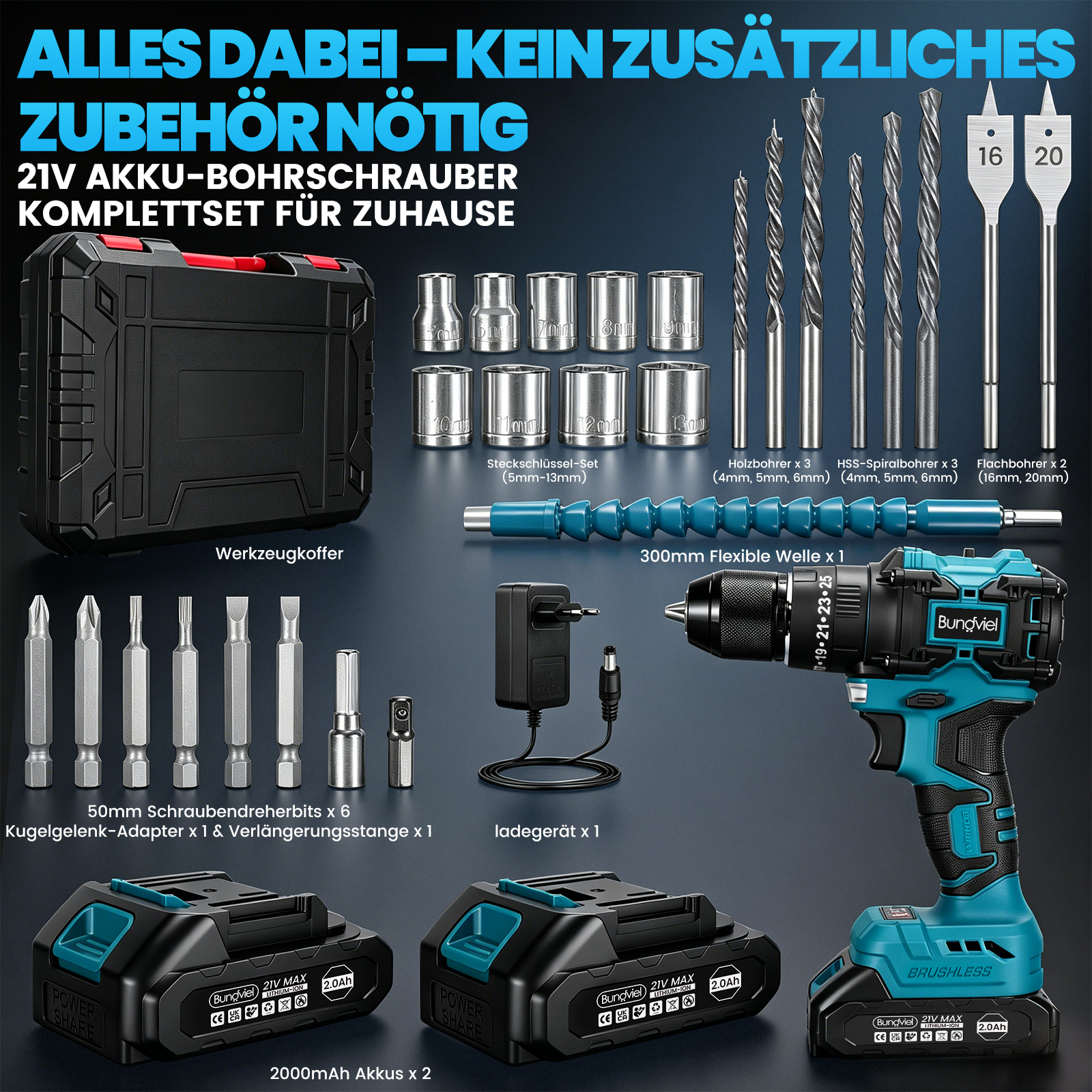 Werkzeugset mit Bohrschrauber, Akkus, Ladegerät, Bits, Bohrern und Koffer.