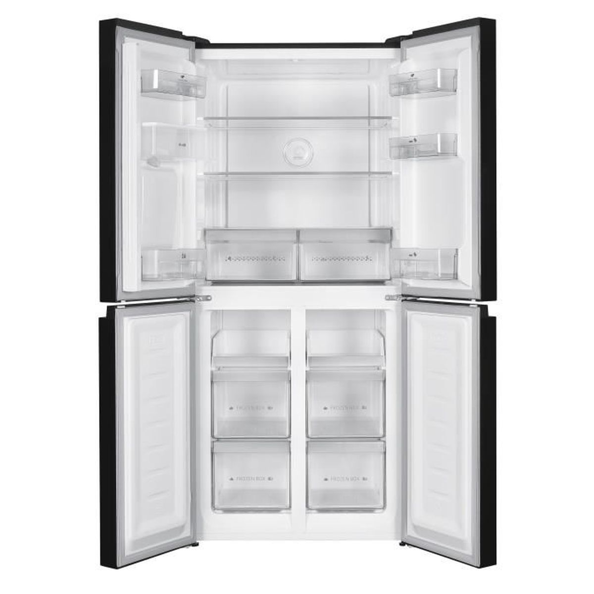 Ein offener schwarzer Kühlschrank mit mehreren Regalen und durchsichtigen Schubladen.