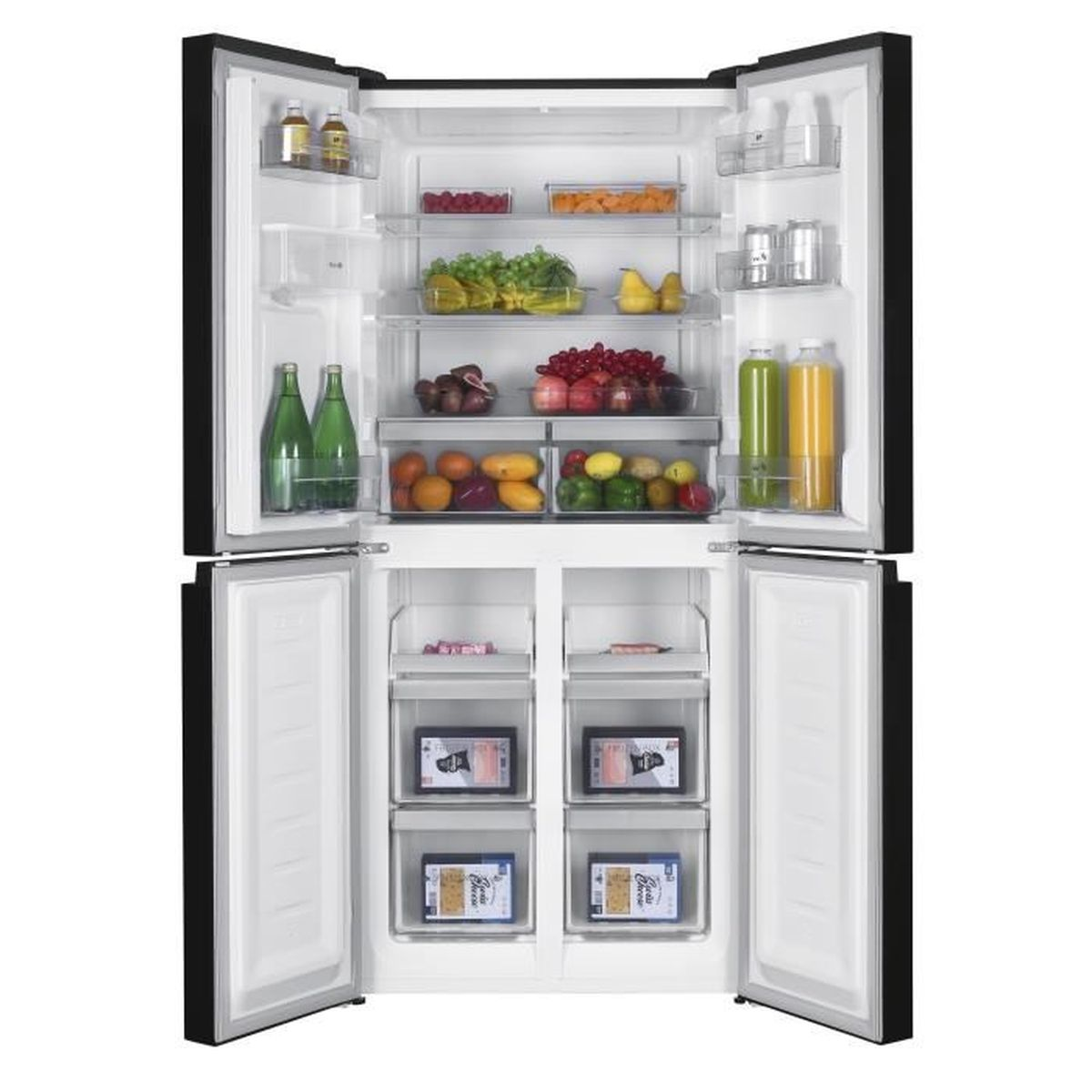Ein offener schwarzer Kühlschrank, gefüllt mit Obst, Gemüse und Getränken.