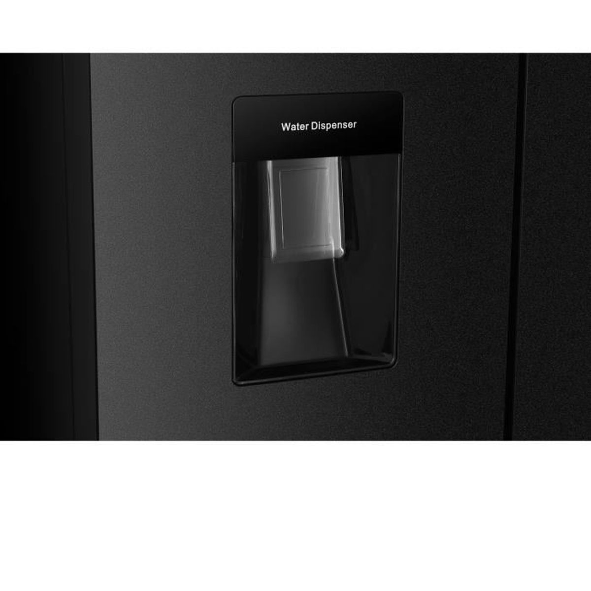 Schwarzer Kühlschrank mit Wasserspender und Tasten.