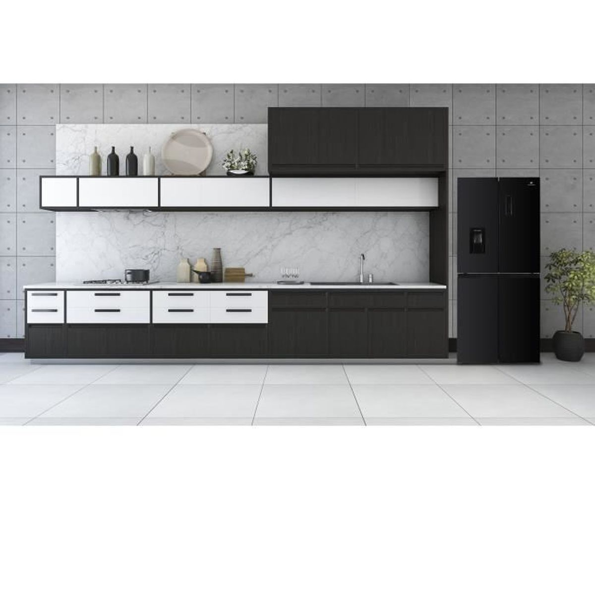Moderne schwarze Küche mit Marmor-Rückwand und Betonwand.