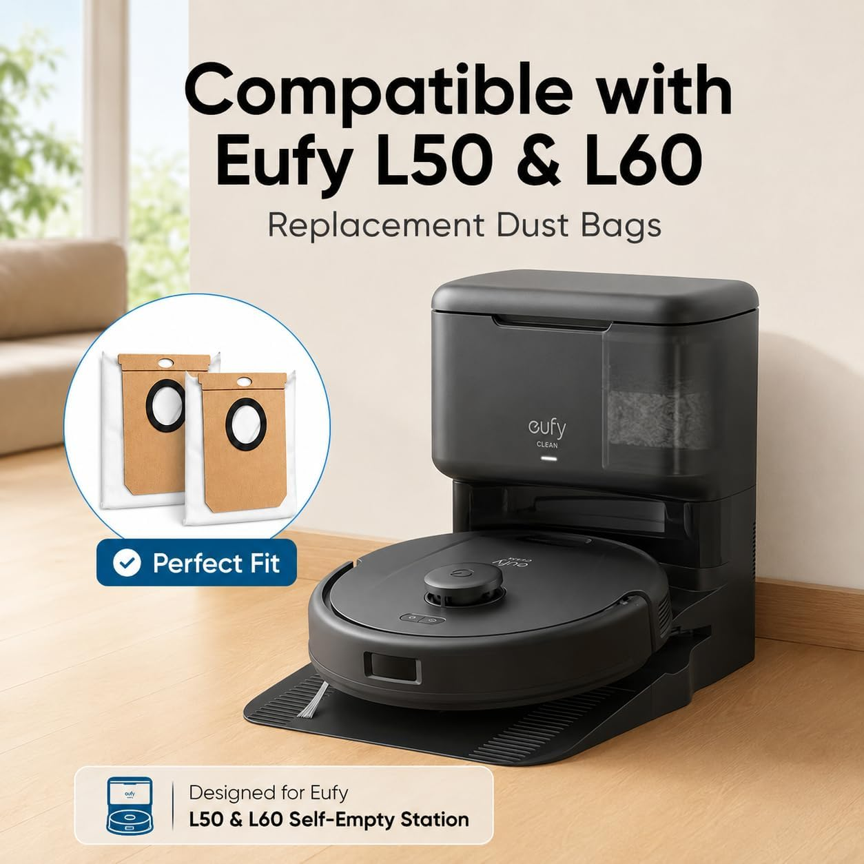 Ein Eufy L50/L60 Saugroboter und Station mit Ersatzstaubbeuteln.