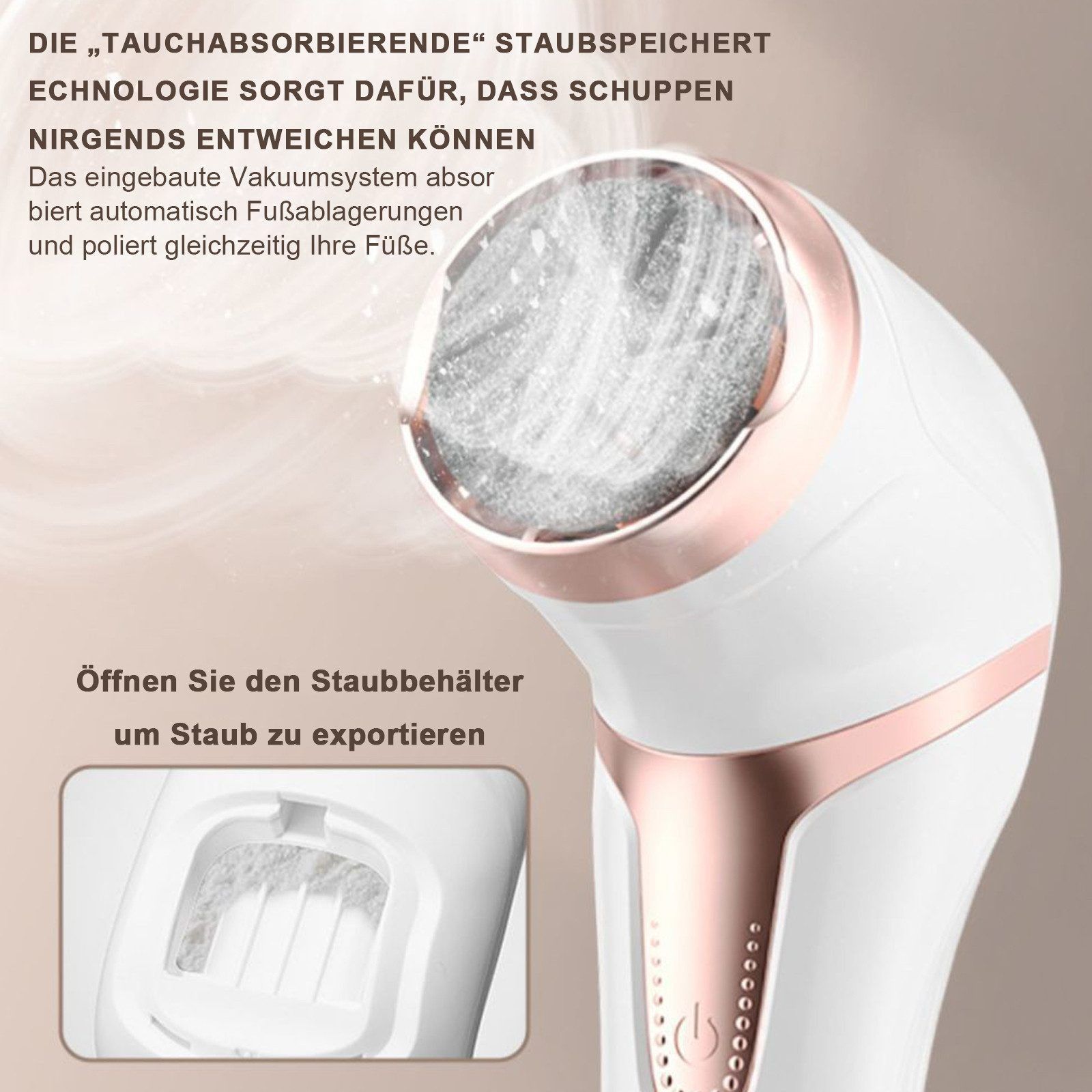 Ein weißer elektrischer Hornhautentferner mit Roségold-Akzenten, der Staub sammelt.