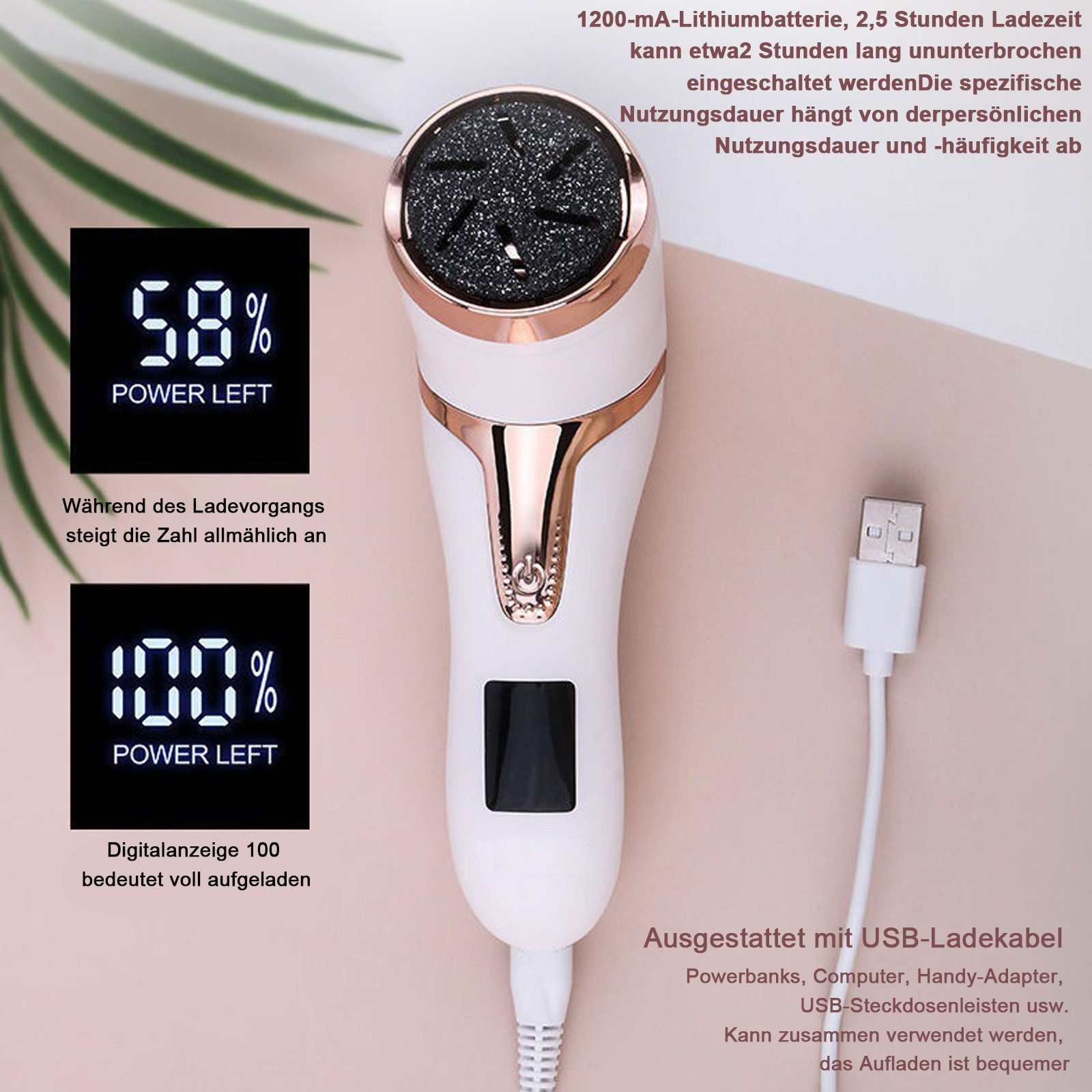 Ein weißer elektrischer Hornhautentferner mit USB-Kabel und digitaler Anzeige. Zeigt 58% und 100% an.