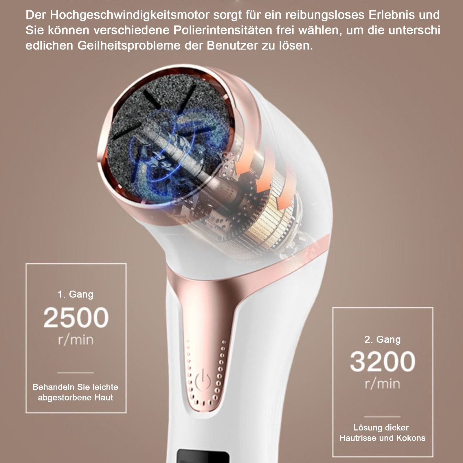 Ein elektrisches Fußpflegegerät mit zwei Gängen (2500 und 3200 U/min) zur Hautpflege.