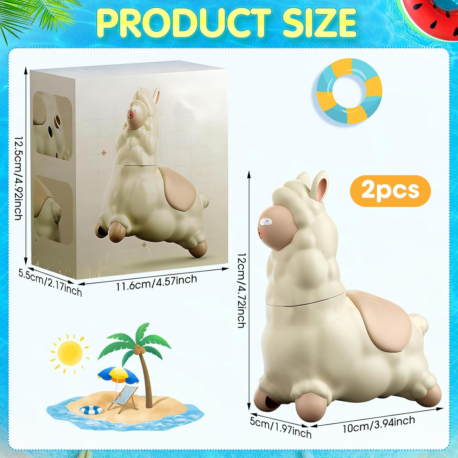 Größenangaben für ein beige Lama-Spielzeug mit Strand-Deko.