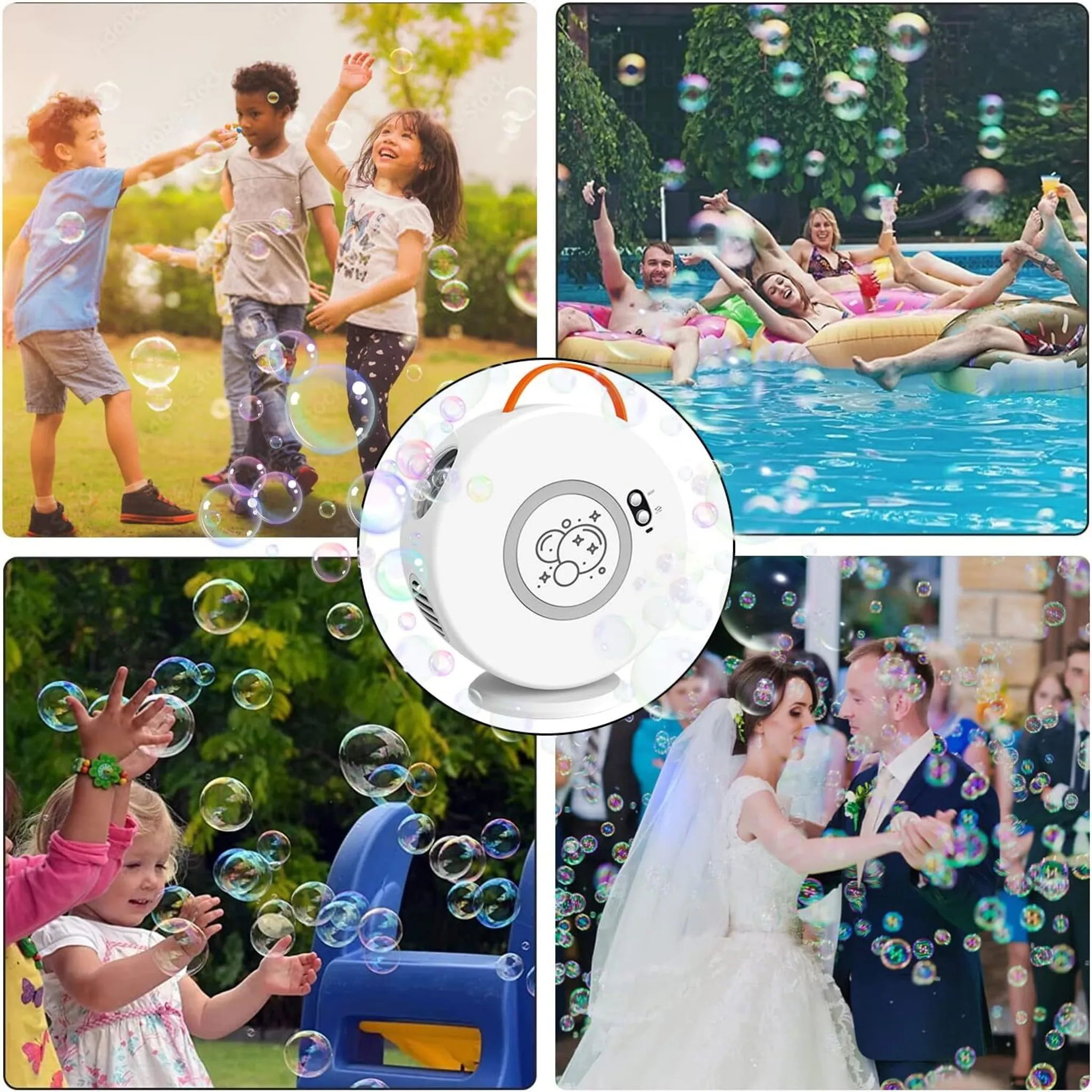Vier Szenen: Kinder spielen im Freien, Leute im Pool, Kinder am Spielplatz, Brautpaar tanzt.