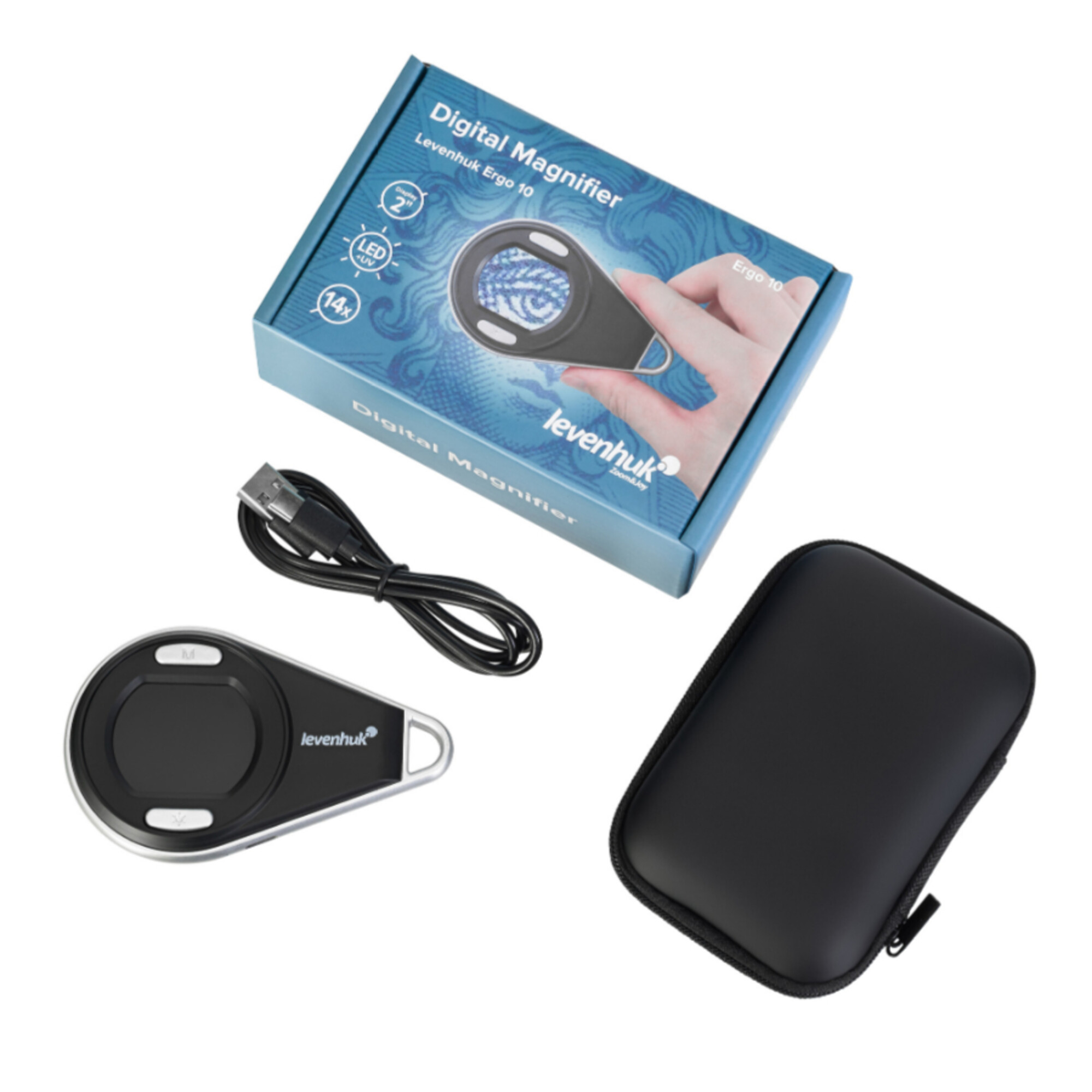 Digitallupe mit USB-Kabel und schwarzer Tasche auf weißem Hintergrund.