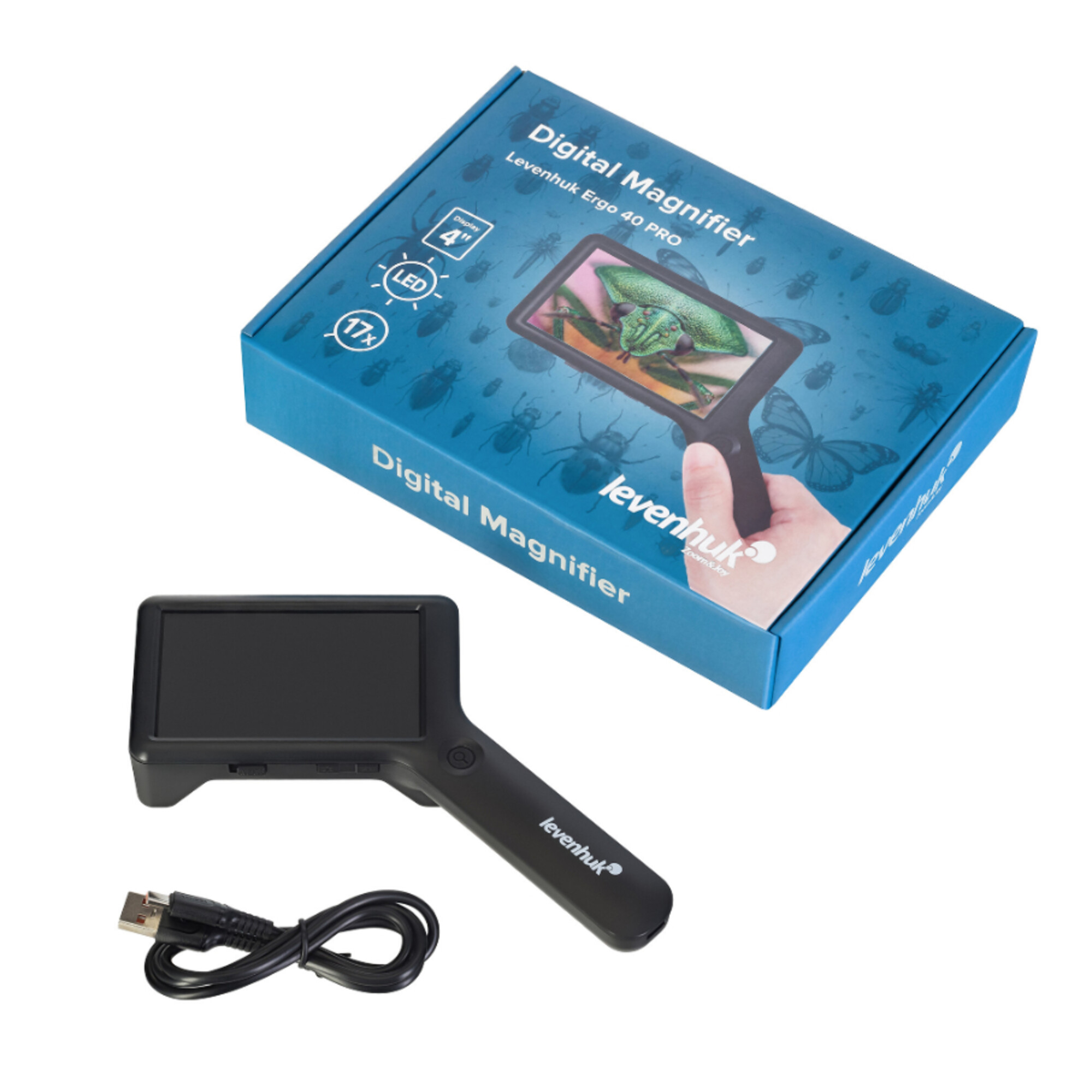 Levenhuk Digital Lupe: Lupe mit Display, LED und USB-Kabel.