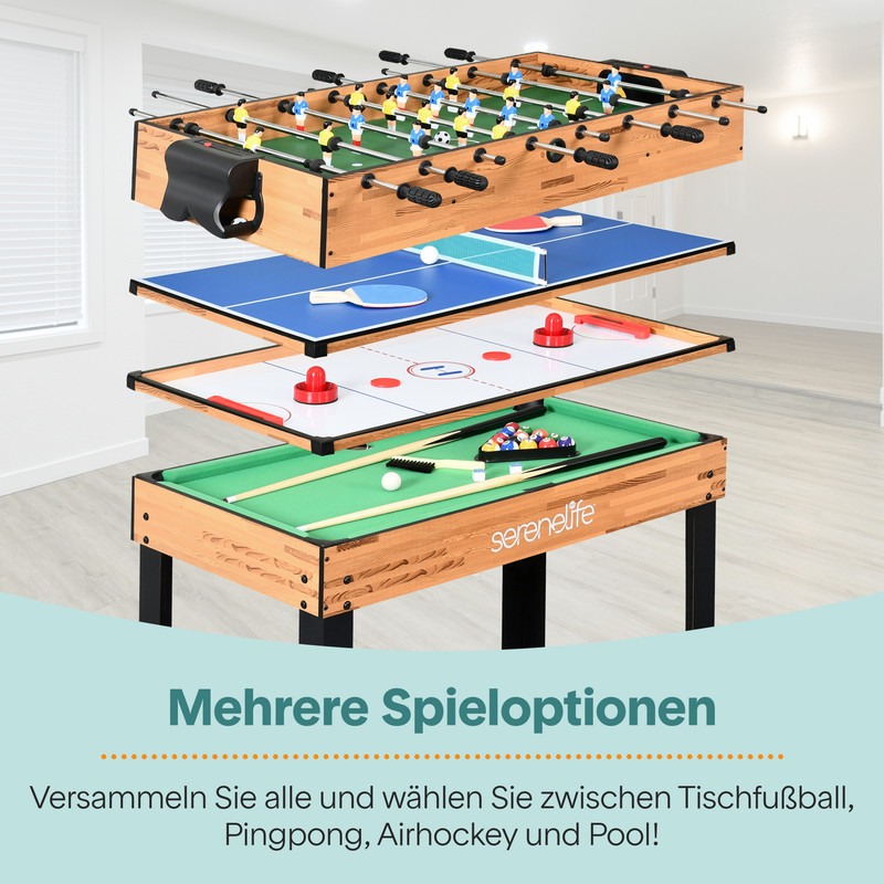 Ein 4-in-1 Spieltisch mit Tischfußball, Tischtennis, Airhockey und Pool.