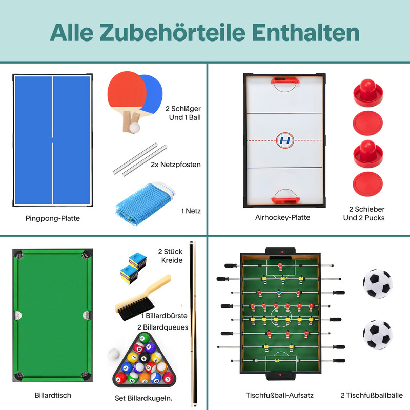 Ein Satz Spielzubehör mit Tischtennisplatte, Airhockey, Billardtisch und Tischfußball.