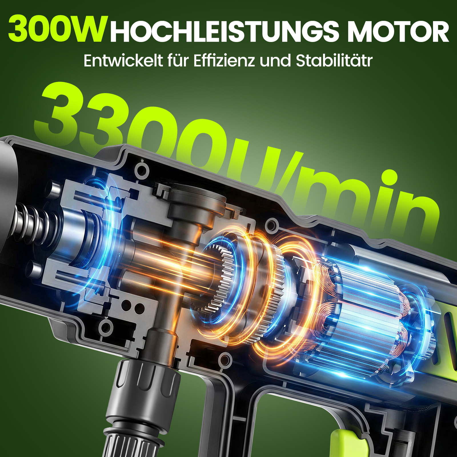 Schnittansicht eines 300-W-Motors mit leuchtenden blauen und orangen Energie Ringen.