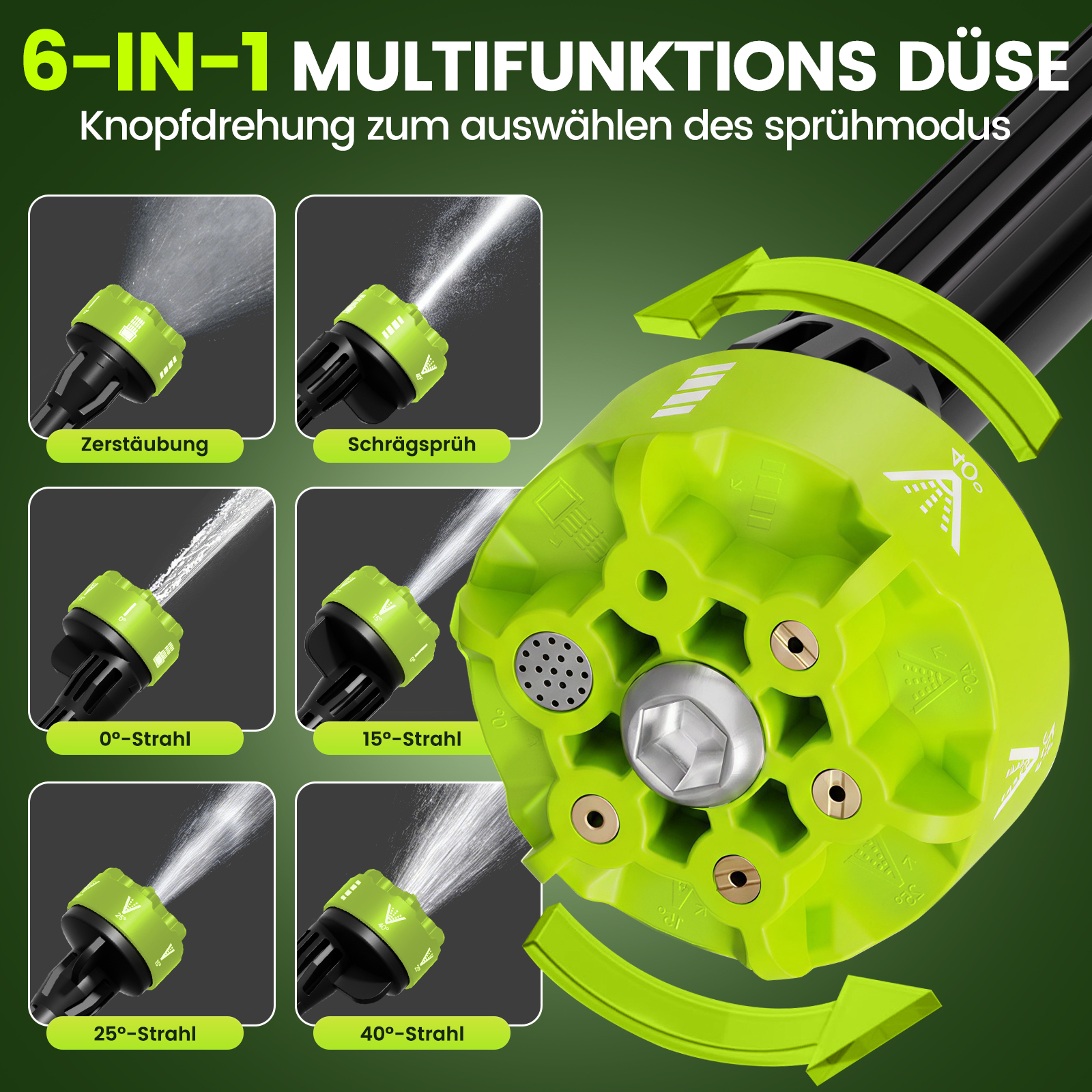 Grüne Multifunktions-Spritze mit 6 Modi: Zerstäubung, Schrägsprüh, 0-40° Strahl.
