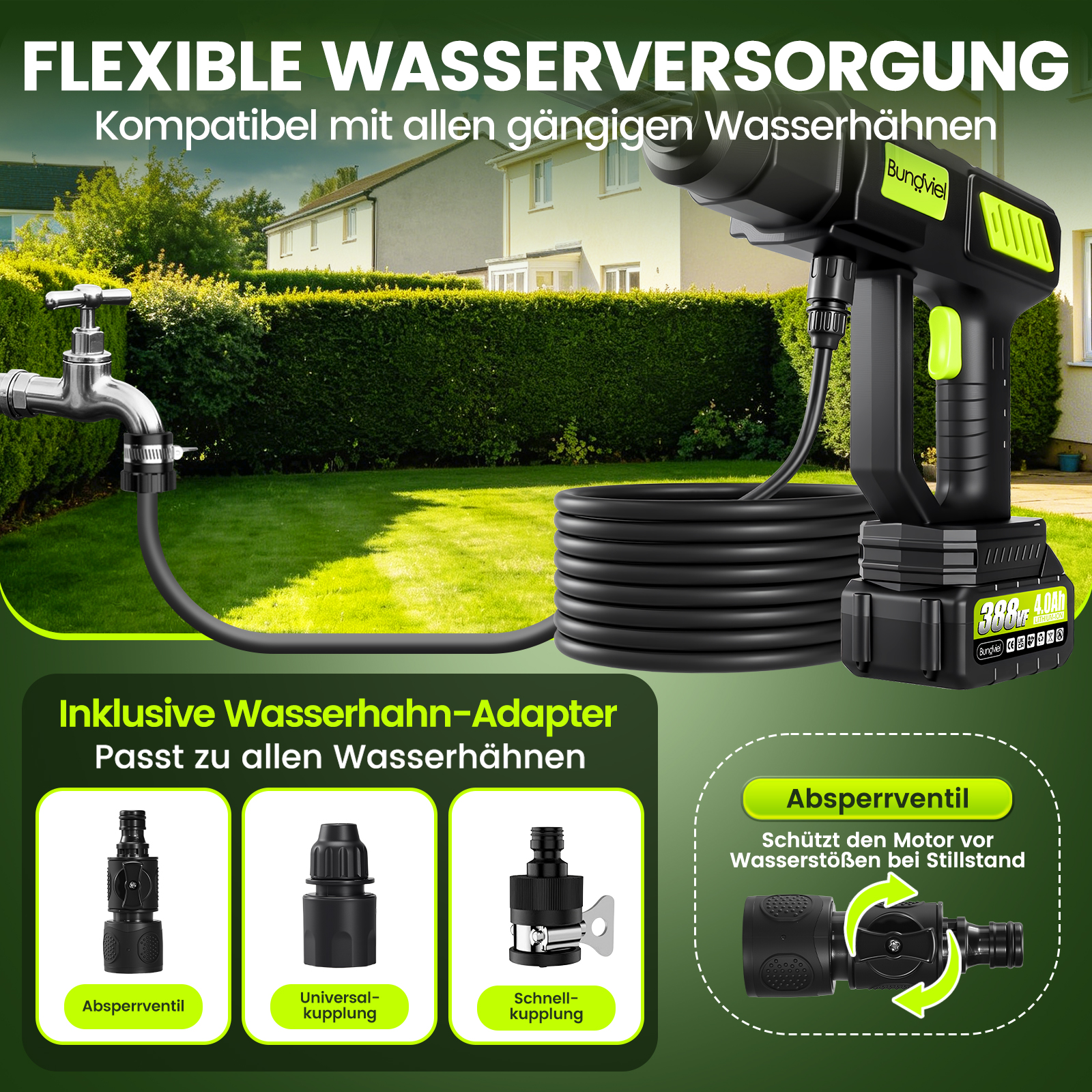 Ein Akku-Gerät mit Schlauch und Adapter wird auf einem Rasen gezeigt.