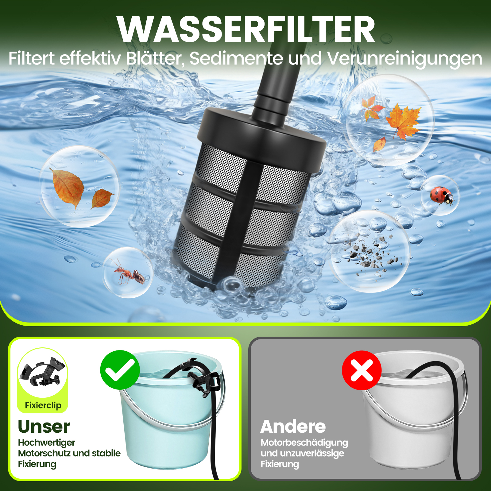 Wasserfilter mit Blättern, Insekten und Schmutz im Wasser. Links ein Eimer mit Filter, rechts ein Eimer ohne.
