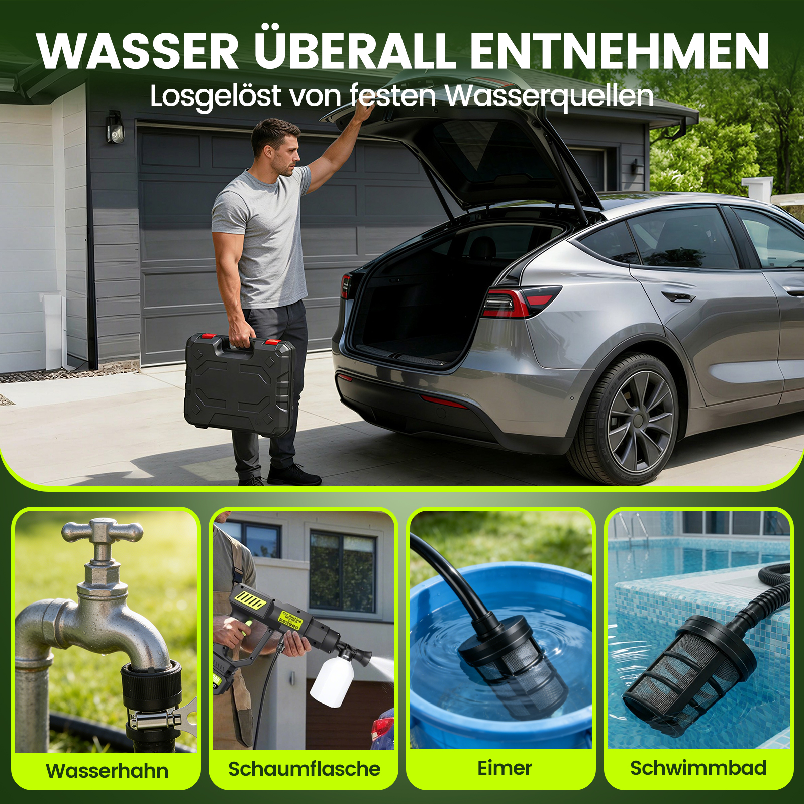 Mann mit Koffer vor Auto; Wasserhahn, Schaumflasche, Eimer, Schwimmbad.