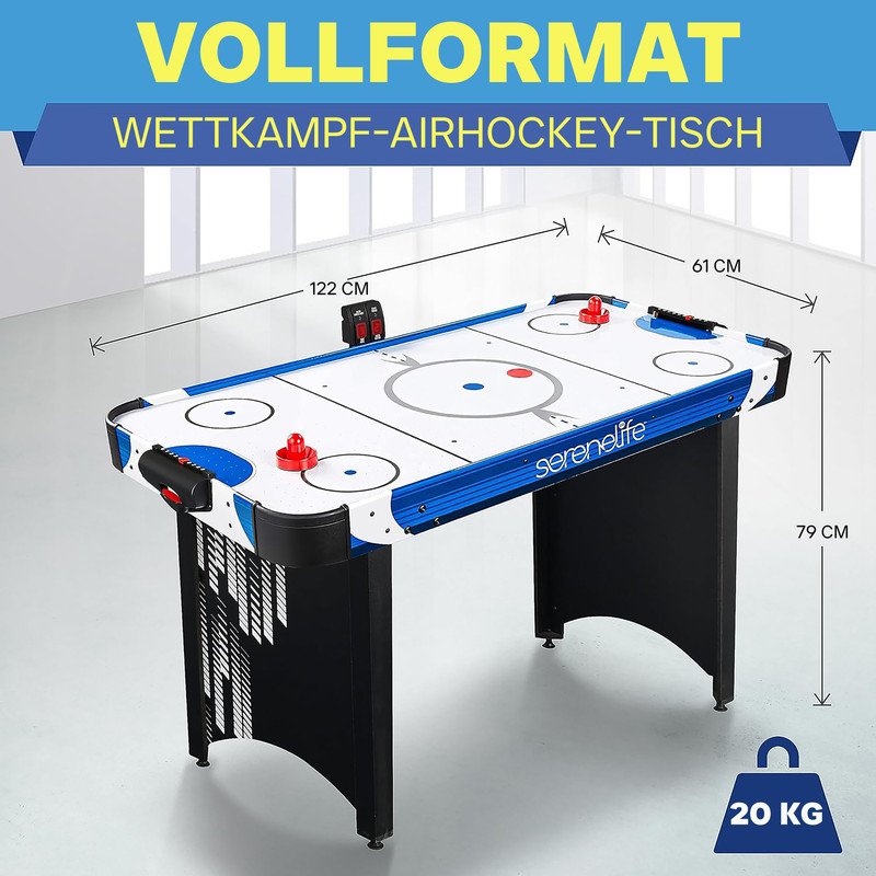 Ein Vollformat-Wettkampf-Airhockeytisch in Blau und Weiß mit roten Schlägern und einem Puck.