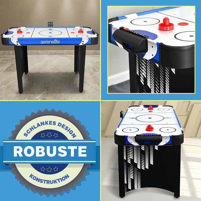Ein Air-Hockey-Tisch mit blauen und weißen Details sowie roten Schlägern.