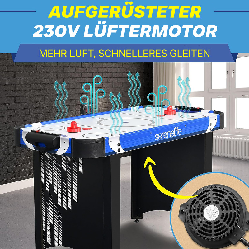 Luftstrom über einem Airhockeytisch, der Luft ausstößt. Ein Motor ist unten rechts zu sehen.