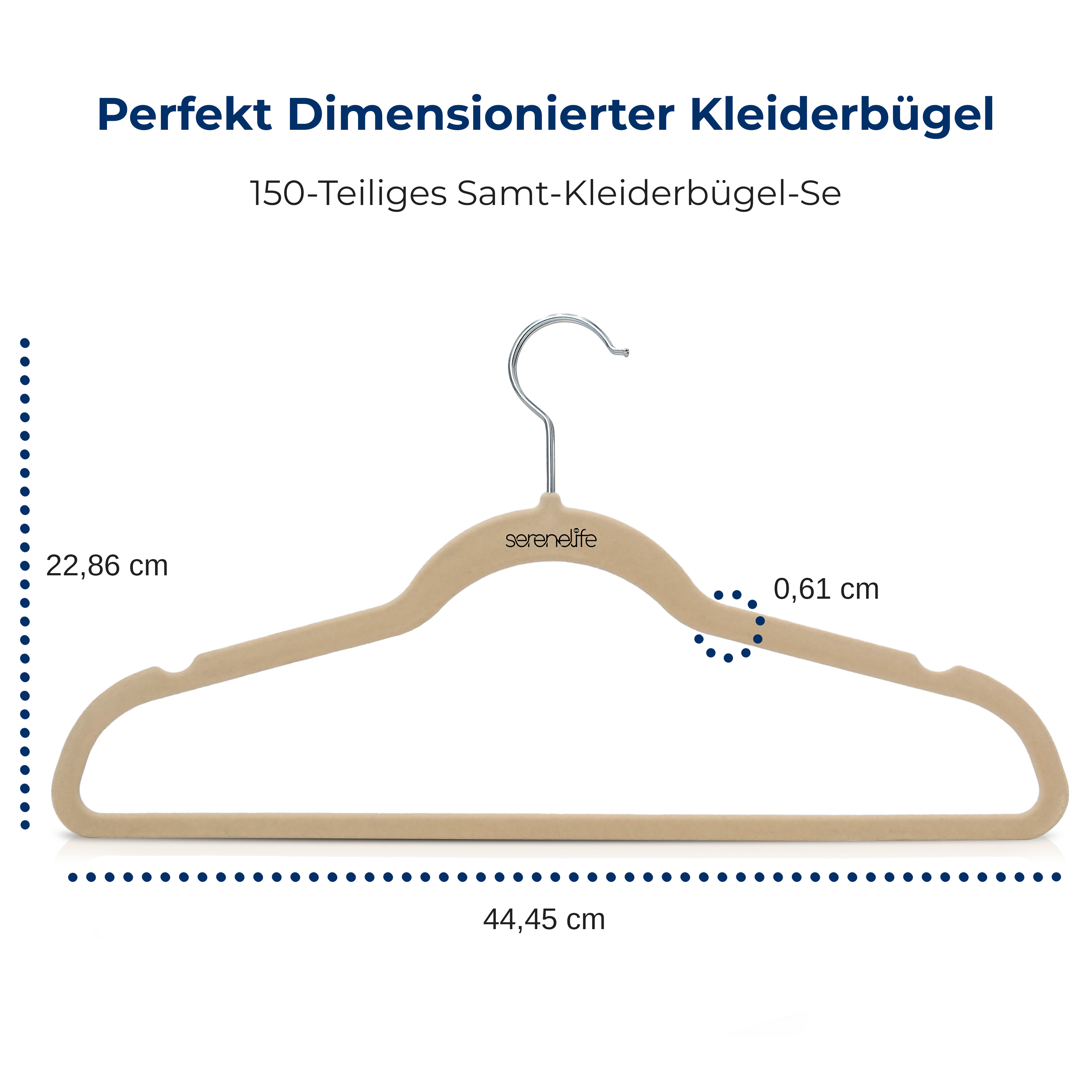Ein beiger Samtkleiderbügel mit silbernem Haken und Maßen.