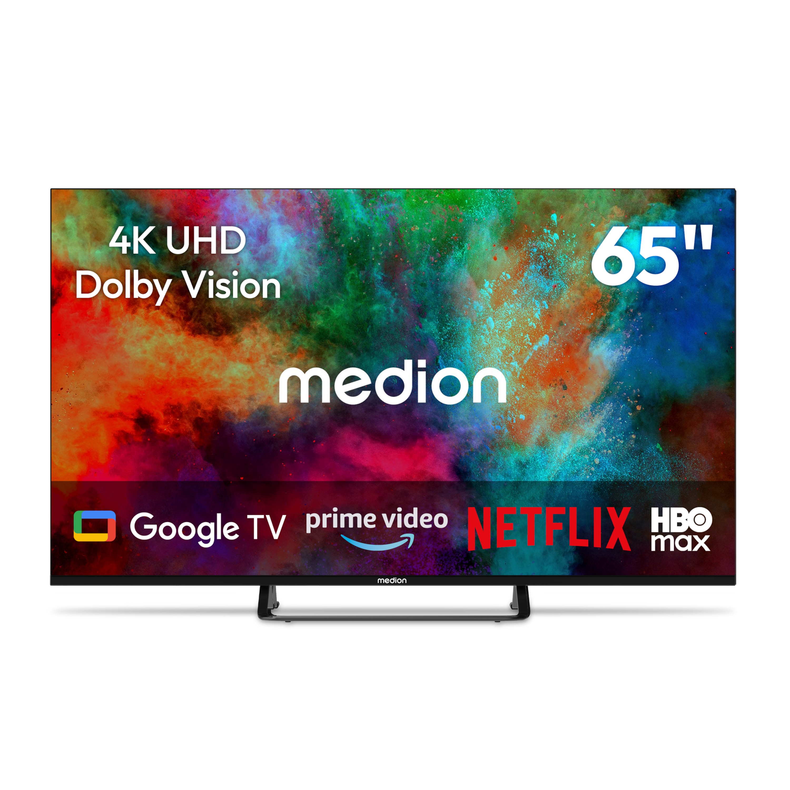 Ein 65-Zoll-Medion-4K-UHD-Fernseher mit Dolby Vision und App-Logos.