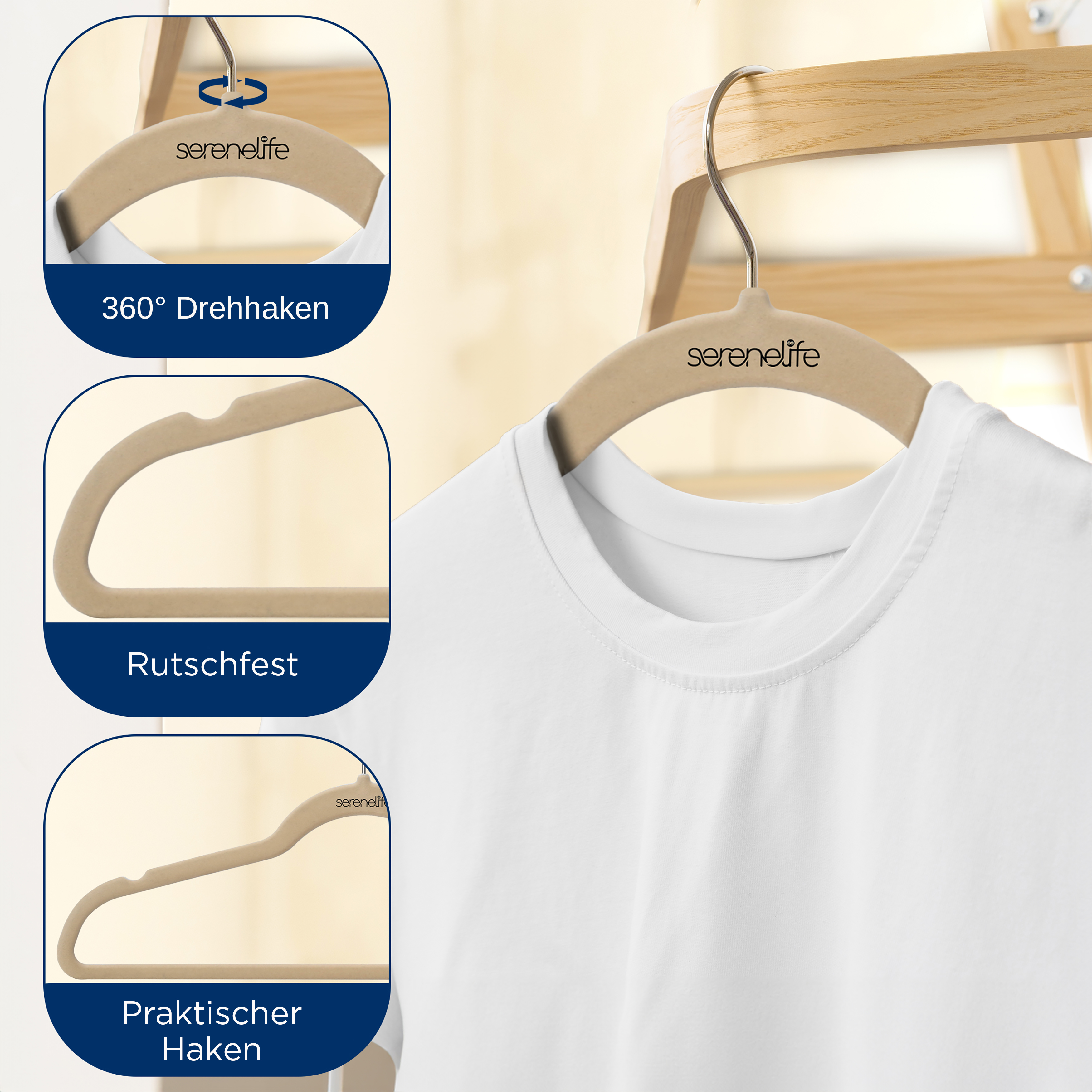 Ein beiger Kleiderbügel mit einem weißen T-Shirt und dem Logo 'serenelife'.