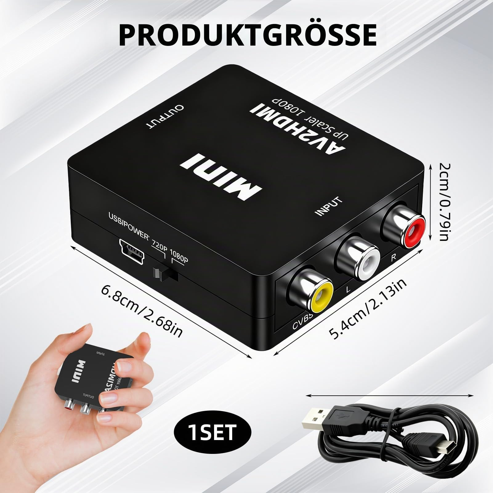Schwarzer AV zu HDMI Konverter mit USB-Kabel und Maßen.